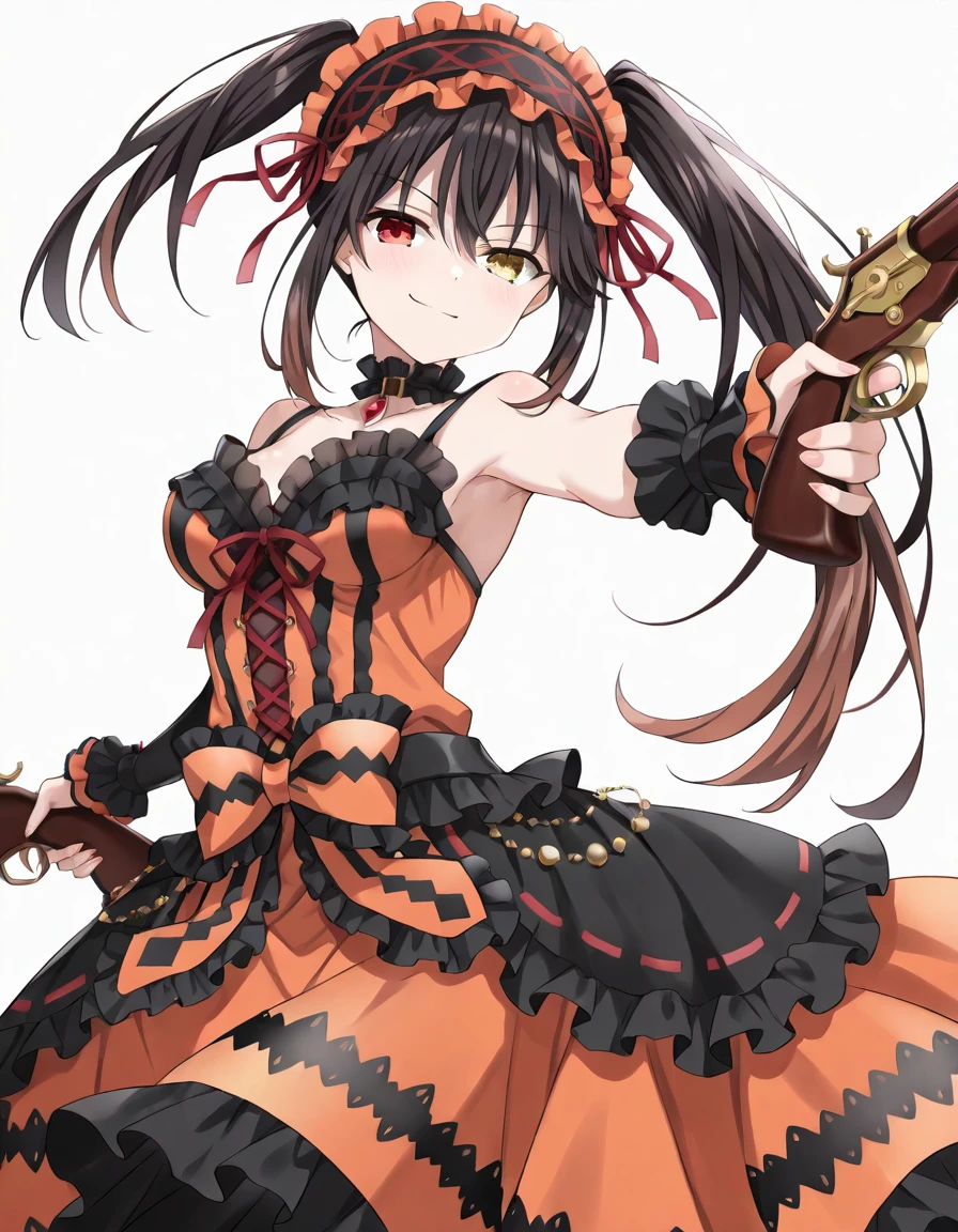 Volumetric Lighting, (masterpiece), (best quality), (ultra-detailed), masterpiece, source_anime, score_9, score_8_up, score_7_up BREAK, illustration, disheveled hair, detailed eyes, perfect composition, moist skin, intricate details BREAK, light depth, detailed face, detailed fingers, BREAK, Kurumi,medium breast, hairstyle1, black hair, long hair, uneven twintails,red eyes, heterochromia, yellow eyes, clock eyes BREAK, KurumiNightmare,ngtmr_flintlock, holding flintlock, ngtmr_rifle, ngtmr_knee_boots, ngtmr_choker, ngtmr_hairband, ngtmr_dress, ngmtr_dress_bow, yellowBREAK, (((simple background, white background))), looking at viewer,dual wielding, smirk