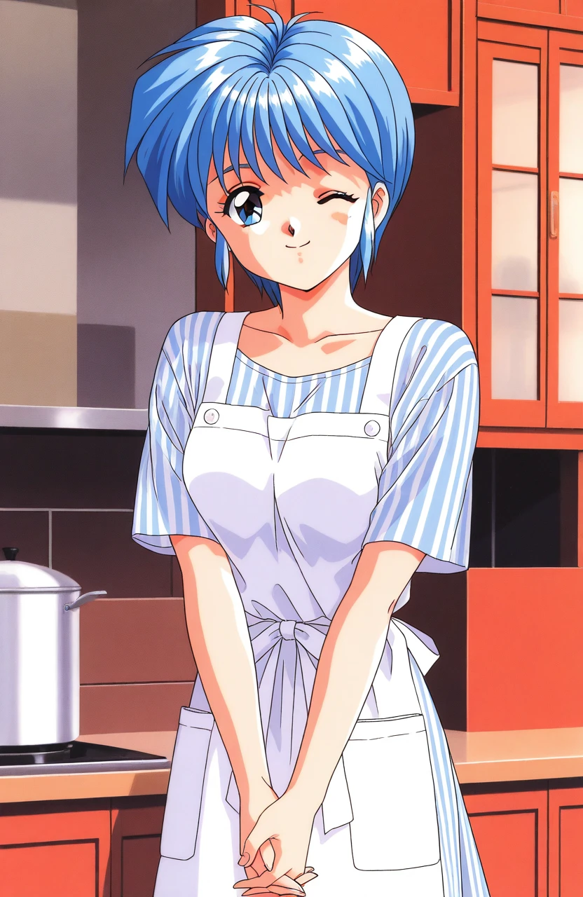 general,highres, ultra-detailed,very aesthetic,best quality ,best hands, BREAK <lora:Nijino_Saki_Tokimeki_Memorial_IS:1>Nijino_Saki(Tokimeki_Memorial),1girl, solo, blue hair, blue eyes, short hair, bangs, medium breasts, 1990s (style), happy,
one eye closed, own hands together, 1990s (style), striped, short sleeves, smile, polka dot, striped dress, looking at viewer, dress, v arms, apron, interlocked fingers, shirt, vertical stripes, cowboy shot, feet out of frame,