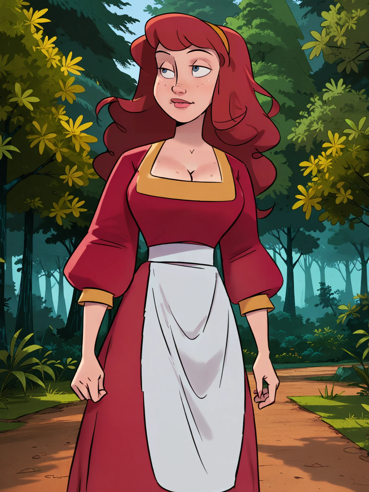 <lora:jmoz_pony:1> jmoz, score_9, score_8_up, score_7_up, score_6_up, 
 <lora:Rose_Red_-_Simsala_Grimm_-_Snow_White_and_Rose_Red:0.8> rred-simgrim, 1girl, solo, freckles, large breasts, cleavage, red hair, golden hairband, long hair, red dress, red shirt, puffy sleeves, yellow trim, (white apron:1.2), walking, forest