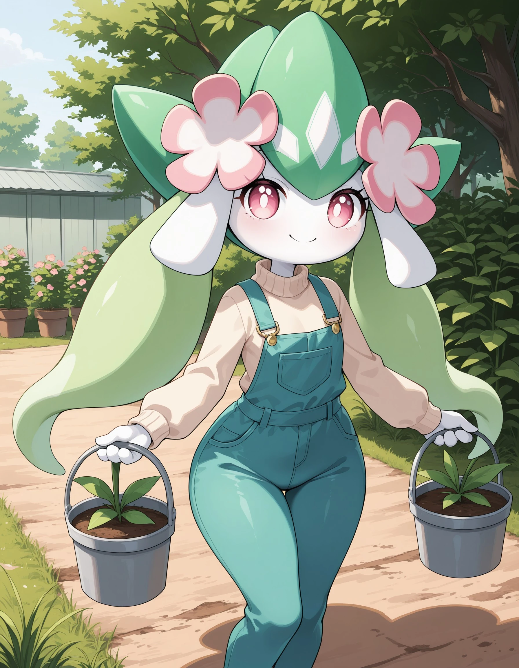 masterpiece, best quality, amazing quality, very detailed, newest, no humans, Petallia, pink flowers, pink eyes, pokemon \(creature\), (solo), 1girl, anthro, eyelashes, (garden, gardening), planting, plants, smile, gardener, overalls, sweater, soil, grass, holding a pot plant, wide hips, hands, looking at viewer, cute,, <lora:0b10d707-4438-47ea-adf6-c27118cb18d0:0.9>