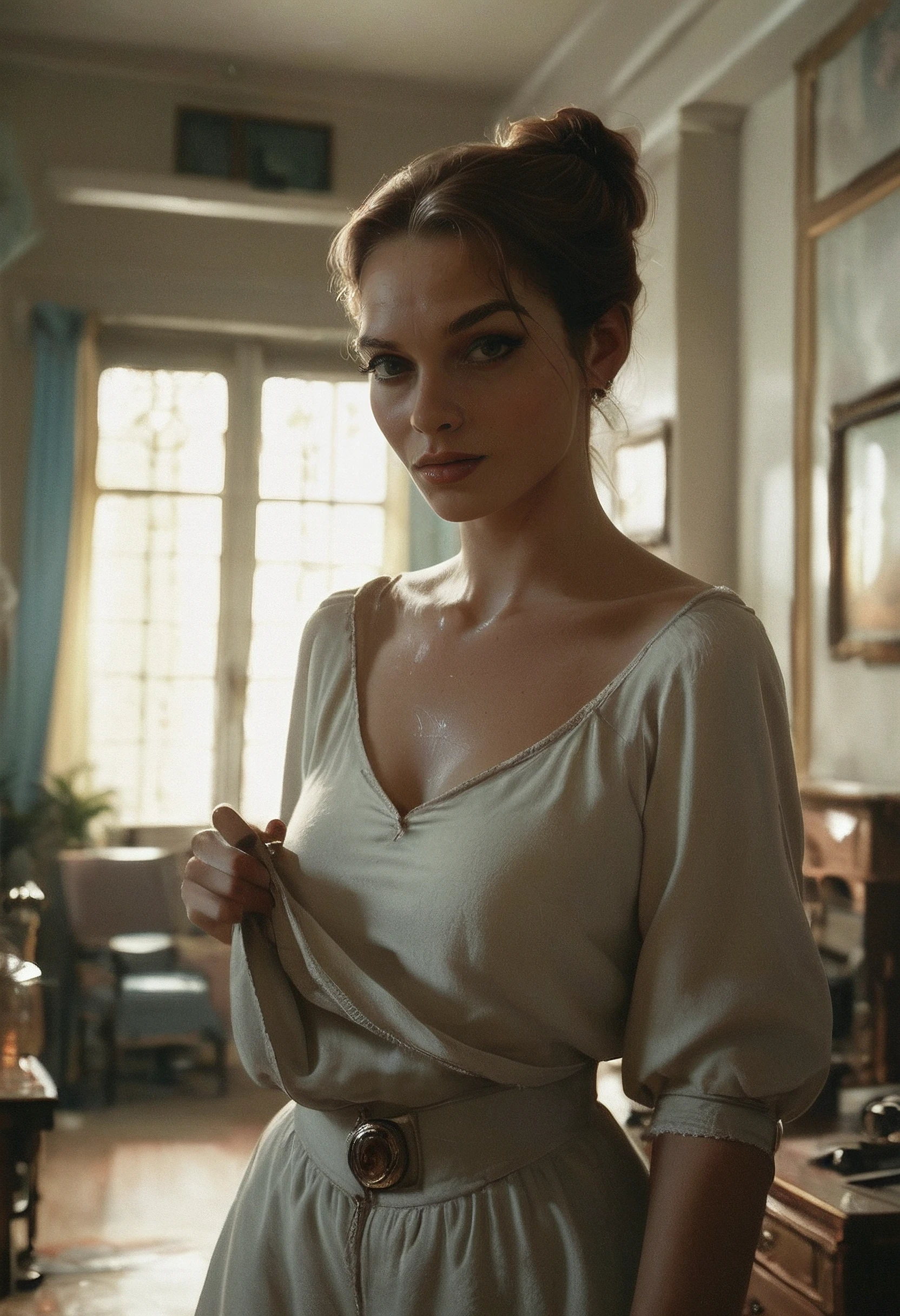 score_9, score_8_up, score_7_up, woman, tease, clothing lift, sexy, low light, portrait, room, inside, film grain, raw, amateur, grainy, amateur, lowres, 2000s nostalgia, <lora:AmateurStyle_v3_PONY_REALISM:0.85>