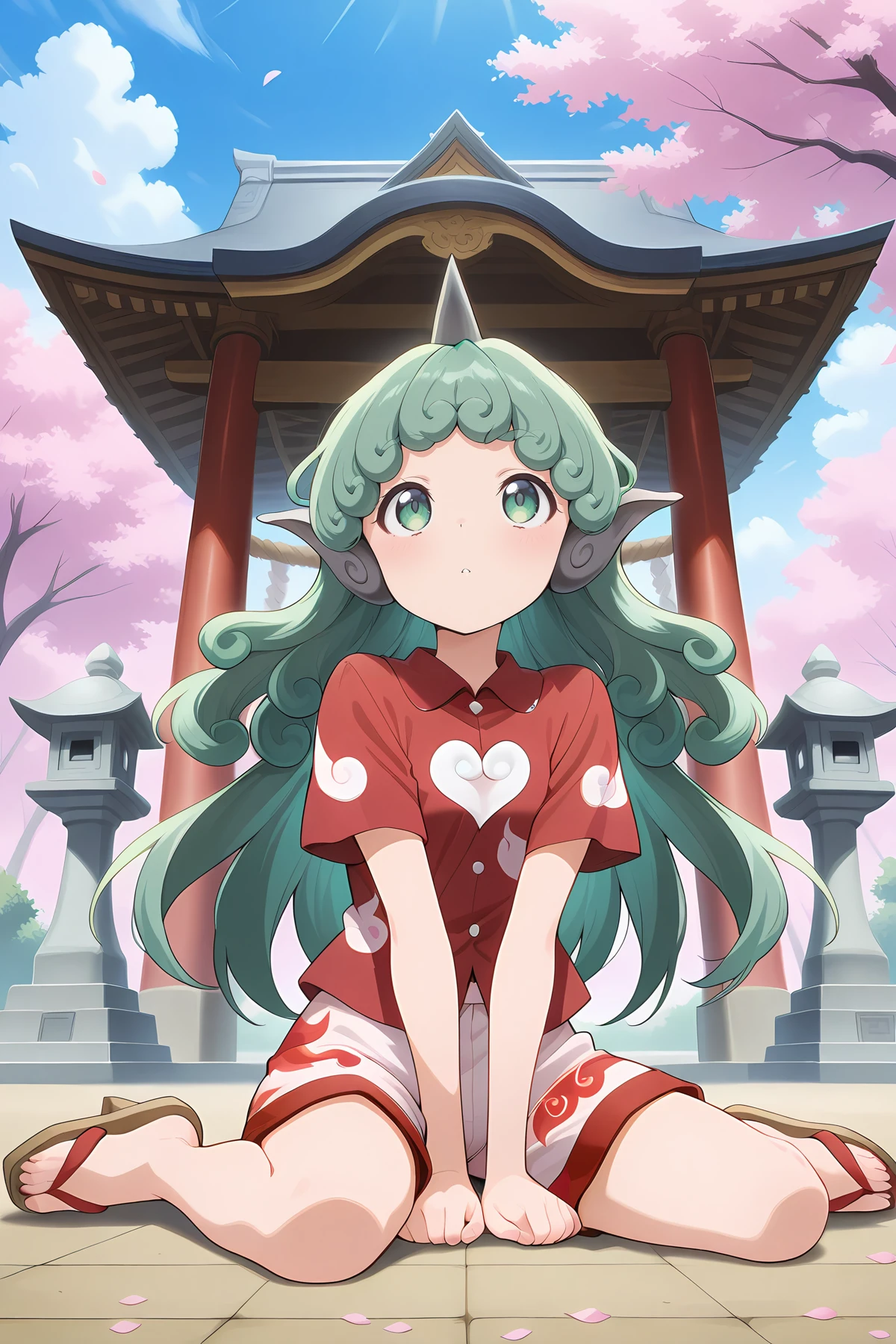 absurdres, highres, masterpiece, best quality, amazing quality, official anime artwork, screencap, anime screencap, outdoors,
<lora:Aunn-Komano_Illustrious:1> komano aunn, 1girl, solo, green eyes, green hair, curly hair, komainu ears, long hair, single horn,, red shirt, red shorts, cloud print, geta,
hakurei shrine, paw pose, sitting, cherry blossoms, floating hair, petals, stone lantern, wariza, statue,
