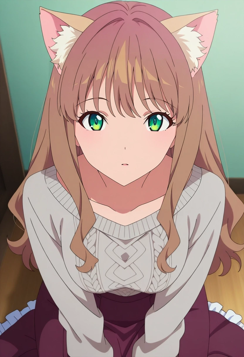masterpiece, best quality, intricate details, anime screencap, anime coloring, official style, , 1girl, solo, <lora:yume_minami_ilxl:0.92>, yume_minami, brown hair, green eyes, long hair, bangs, , gray sweater, long skirt, animal ears, cat ears, ear fluff, frills