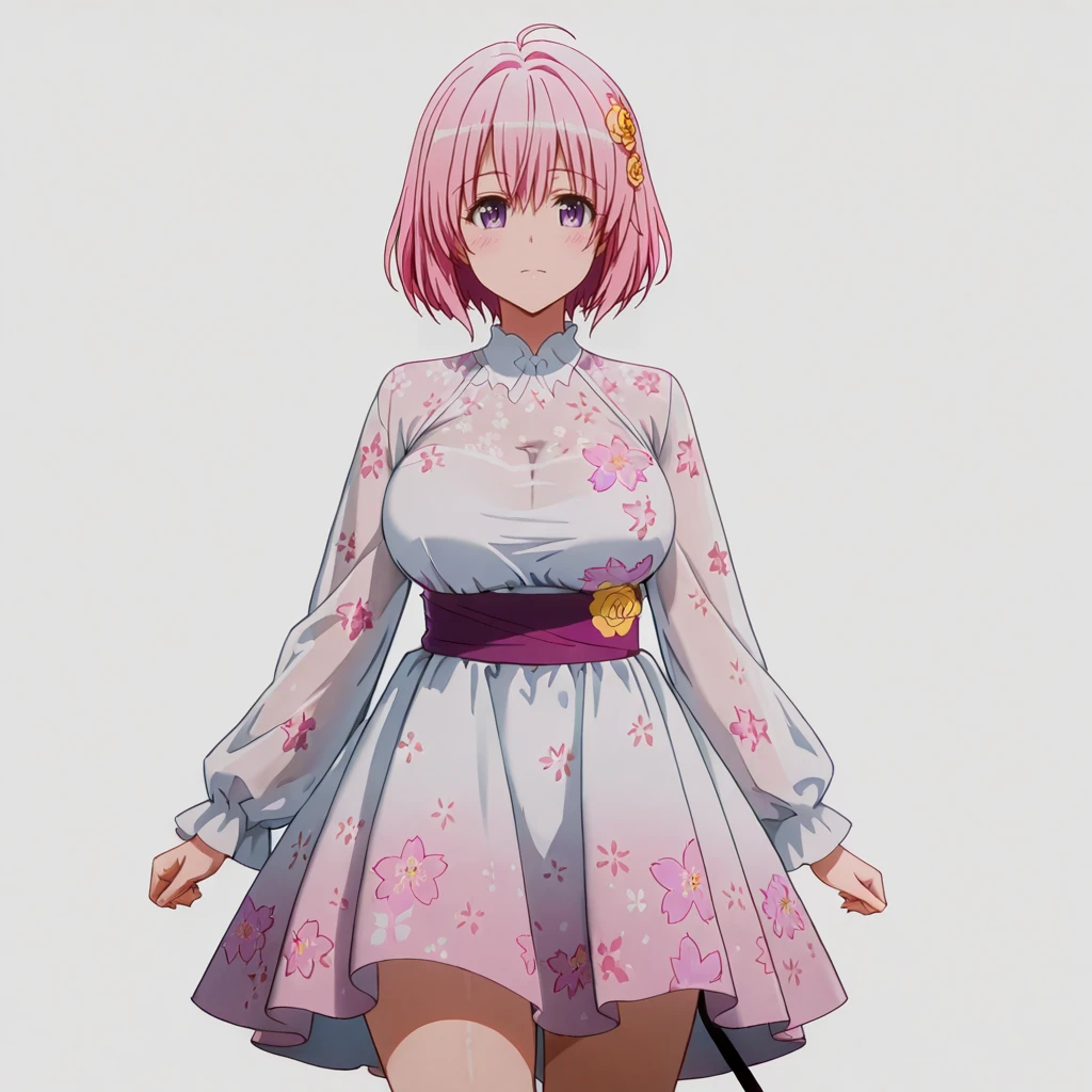 <lora:Momo_illustrious_v1:1>Momo, 1girl, pink hair, demon tail, short hair, large breasts, purple eyes, hair ornament, cowboy shot,, <lora:FloralJskDressILL:0.7> dress,floral print,long sleeves
