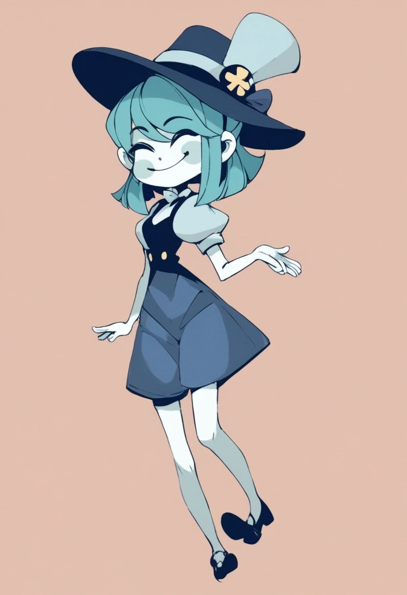 1girl, aqua hair, closed eyes, colored skin, hat, jewelry, puffy short sleeves, short hair, smile, white skin, full body <lora:fake type:1> fake-type <lora:Deep_Ink_Enhanced:1>, score_9_up, score_8_up, score_7_up, score_6_up, masterpiece, best quality,