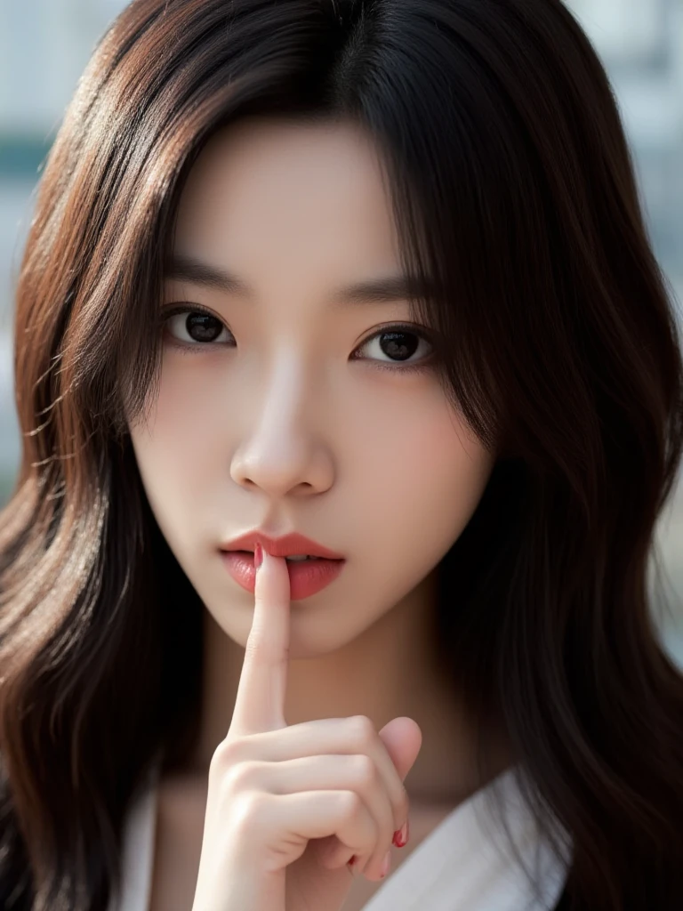 (text "Buzz Me Please" in sky:1.2),There are wonderful studio lights and various reflections,
18yo girl her face is very delicate,skin naturally showing the texture of blood vessels and detailed pale skin,
<lora:flux_realism_lora:0.8>,
<lora:zhuangdf_f1_epoch_11:1>,chinese actress,
A striking portrait of a supercute Asian model with stunning features,giving a bold and confident expression. Her long,glossy black hair cascades in soft waves around her face,highlighting her flawless,glowing skin. She has bright,expressive eyes framed by long lashes,and her lips are full and slightly parted,emphasizing her natural beauty. The model is holding her finger up to her lips in a playful yet defiant gesture,with her manicured nails painted a vibrant red. The lighting is bright and clean,casting a soft glow on her face,enhancing her delicate features. The overall mood is both daring and elegant,blending a sense of beauty with an edgy attitude,A soft erotic atmosphere,the light evokes sexual desire.,