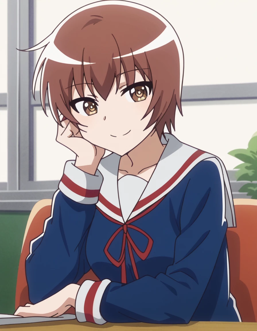 score_9, score_8_up, score_7_up, source_anime, <lora:nadeshiko-kashima-s1-ponyxl-lora-nochekaiser:1>, nadeshiko kashima, short hair, brown hair, brown eyes, medium breasts, anime screencap,, skirt, school uniform, serafuku, blue shirt, white sailor collar, ribbon, grey skirt, pleated skirt,, restaurant, laughter, good food, warm lighting, celebration, , head rest, smile,, looking at viewer, solo,, cowboy shot, solo