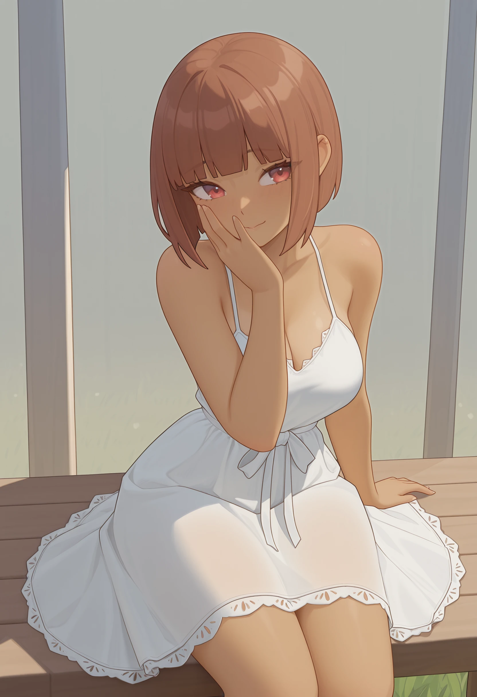 1girl, solo, short hair, skirt, brown hair, brown eyes, long white dress, <lora:masaki-000003:1>, lake, moon, evening, stars, sitting on bench, medium breasts | big breasts, blush