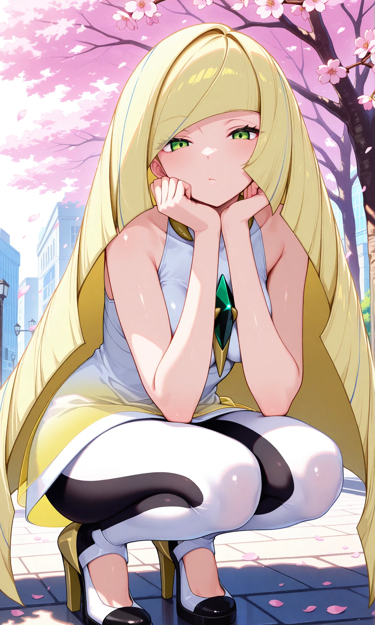beautiful detailed eyes, masterpiece, best quality, intricate details, absurdres, 1girl, solo, street, cherry blossoms, outdoors, cowboy shot, looking at viewer, shiny skin, half-closed eyes, squatting, head rest, floor, lusamine (pokemon) green eyes, blonde hair, very long hair, hair covering one eye, white dress, sleeveless dress, gradient dress, jewelry, gem, necklace, white leggings, two-tone leggins, high heels, white footwear