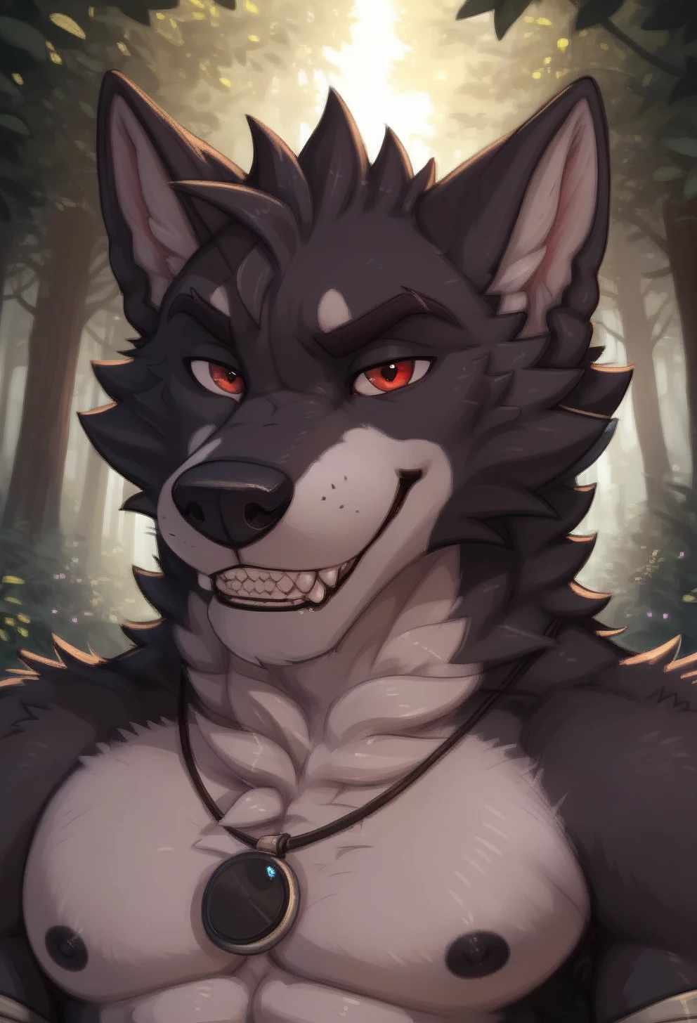 score_9, score_8_up, score_7_up, score_6_up, 1anthro, 1human, male, , furry, detailed fur, anthro, eyes, , perfect face, detailed eyes, perfect eyes, sexy, sexy boy, beautiful eyes, perfect cute face, petite body, face focus, dynamic angle, body shot, full body, looking at viewer, face focus, outdoors, detailed lighting, detailed background,
smug expression, floating hearts, eye focus, smug, pleased, mischievous, smirk, seductive pose, , flirty, flirting with viewer, forest, woods, wilderness, detailed teeth,
detailed eyes, perfect eyes, beautiful eyes, , bedroom eyes, detailed eyes, perfect eyes, beautiful eyes, , detailed fur, tail, eyes, realistic fur, , solo, 1 boy, young, (((handsome, detailed face and eyes))), solo, anthro, male, muscular, well built, toned, Vulgor, Vulgor_FBTW, muscular, bara, wolf, black body, black fur, anthro, red eyes, black necklace, black pendent, FBTW, silver armband, silver armband on right arm, black nose, jewelry, black Wolf, brown wristband, leather wrist-wrap, clothes, clothed, topless, black nipples, large male, wearing blue kilt, jewel encrusted belt, black circle necklace, wide face, <lora:Vulgor_-_Far_Beyond_The_World_FBTW:0.72>
tail, uncensored, canine mouth, sharp teeth, detailed teeth, detailed canine teeth,
<lora:CleanDetailed_Eyes:0.25> <lora:Better_caninefeline_mouth:0.2>
<lora:princess_xl_v1:1> <lora:Expressive_H:0.65> <lora:g0th1cPXL:0.45> <lora:incase-ilff-v3-4:0.3>