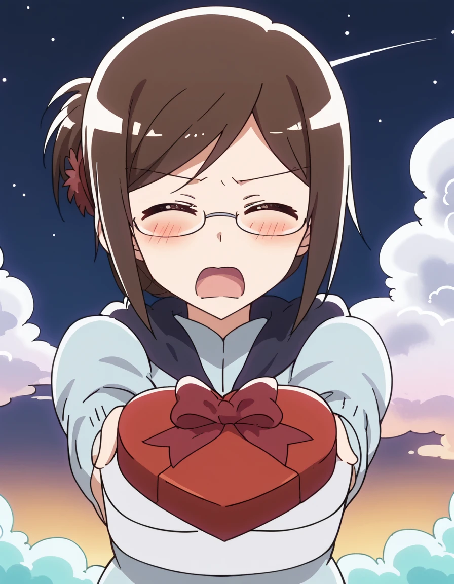 score_9, score_8_up, score_7_up, source_anime, <lora:akane-yonomori-s1-ponyxl-lora-nochekaiser:1>, akane yonomori, brown hair, hair ornament, brown eyes, glasses, folded ponytail, large breasts, anime screencap,, <lora:heart-shaped-box-ponyxl-lora-nochekaiser:1>, heart-shaped box, holding, box, gift, valentine, incoming gift, closed eyes, blush, open mouth, outstretched arms, outdoors, night sky, clouds, shouting,, , cowboy shot, solo