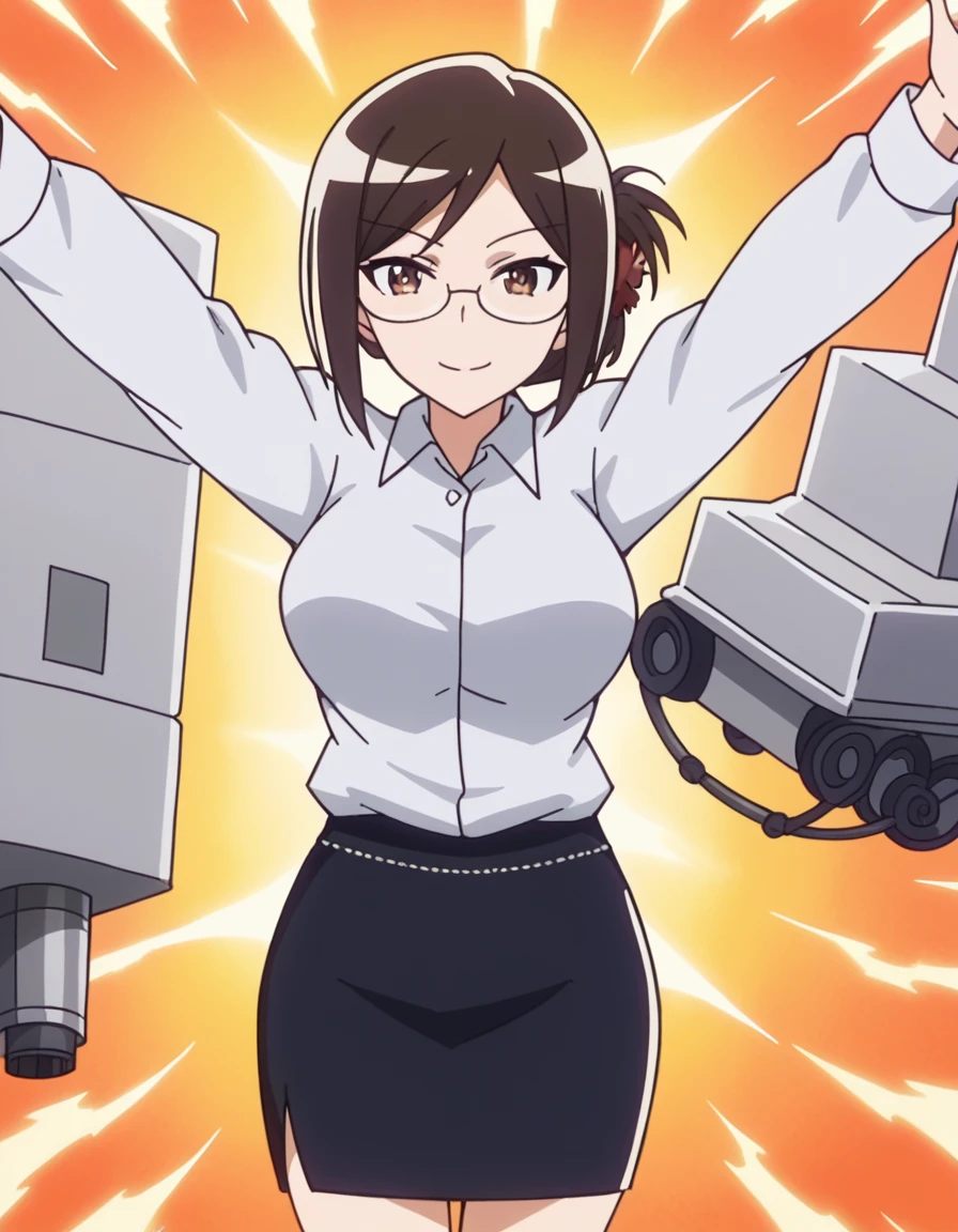 score_9, score_8_up, score_7_up, source_anime, <lora:akane-yonomori-s1-ponyxl-lora-nochekaiser:1>, akane yonomori, brown hair, hair ornament, brown eyes, glasses, folded ponytail, large breasts, anime screencap,, skirt, shirt, office lady, collared shirt, long sleeves, black skirt, power plant, machinery, smoke, energy, workers, smile, on back, arm support, arms up, incoming hug, pov, reaching, reaching towards viewer,, looking at viewer, solo,, cowboy shot, solo