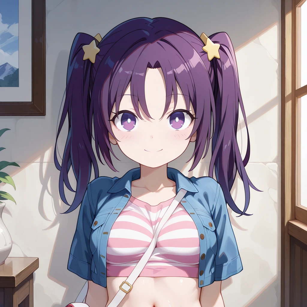 (masterpiece),best quality,amazing quality,very aesthetic,absurdres,newest,perfect body,shiny skin,perfect eyes,detail1eye,well-defined fingers,well-defined fingernails,anime style,indoors,1girl,solo,upper body,(portrait:1.5),looking at viewer,facing viewer,smile,blush,aged down,Quan style,Su Jin,long hair,purple hair,twintails,star hair ornament,star (symbol),hair between eyes,parted bangs,purple eyes,bright pupils,collarbone,denim jacket,cropped jacket,midriff,crop top,striped shirt,pink stripes,between breasts,medium breasts,skindentation,navel,shoulder bag,white bag,denim shorts,no socks,sneakers,pink footwear,<lora:Quan[style]-Illus:1.6>,<lora:Su Jin(uw)-Illus:1.8>,