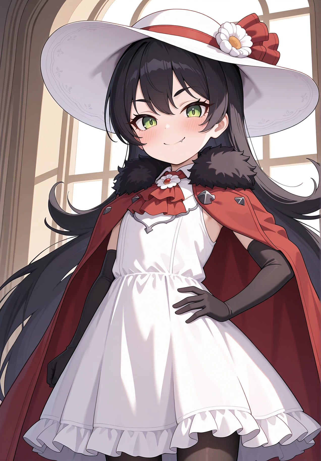 highres, best quality, masterpiece, indoors,
1girl, solo, rlilya, black hair, very long hair, green eyes,
sun hat, white headwear, white dress, white flower, elbow gloves, black gloves, red ascot, red cape, fur-trimmed cape, black pantyhose,
looking at viewer, blush, smile, fang,
standing, hand on own hip,
<lora:_ilya_pcr-elesico-ilxl-rev2:1>