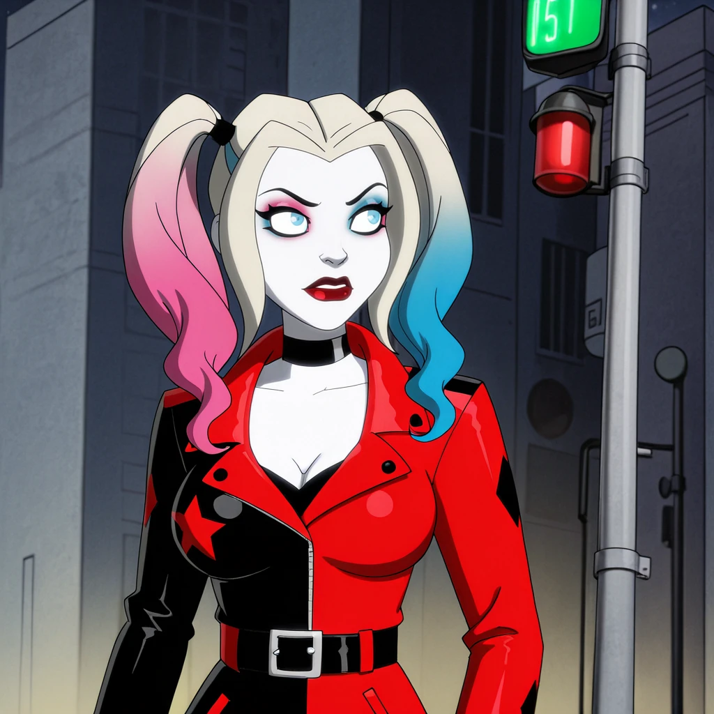 <lora:HarleyQuinnCartoon_illustrious_v1:1> HarleyQuinnJacketCartoon, 1girl, makeup, twintails, blue eyes, lipstick, breasts, choker, jacket, eyeshadow, belt, blue blonde pink multicolored gradient hair, red lips, pale skin, traffic light