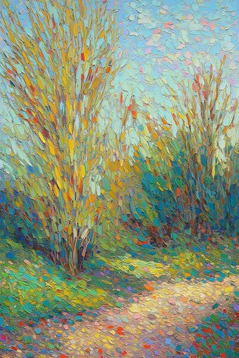 Impressionist_Style,This is an impressionist painting by Vincent van Gogh,depicting a serene park with tall,leafless trees with yellow and green trunks,set against a backdrop of a blue sky with pink and white clouds. The foreground features a dirt path and patches of green grass. The painting uses thick,textured brushstrokes and vibrant colors,
impressionistic style,Loose Brushwork,Impasto,Capturing Light and Atmosphere,Optical Mixing,impressionistic painting,Oil Painting,The brushstrokes are bold and textured,creating a dynamic lively scene,by Claude Monet,by Renoir,by Edgar Degas,by Camille Pissarro,