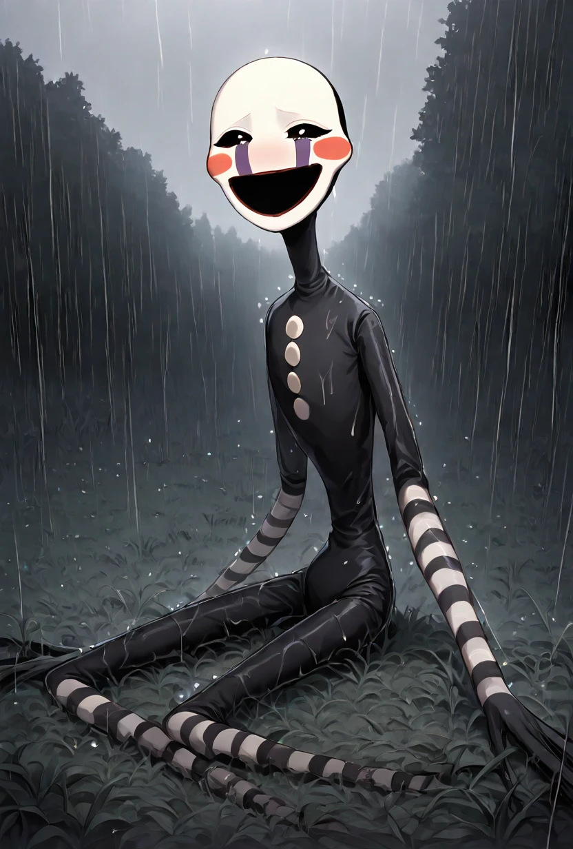 <lora:puppet-10:1> puppet, solo, mask, black bodysuit, smile, open mouth, blush stickers, striped, purple tear streaks, small eyes, no pupils, black empty sockets, black sclera, <lora:illustrious_quality_modifiers_masterpieces_v1:1> masterpiece, very aesthetic, absurdres sitting in grassland, empty grass field, sad scene, dark scene, depressing scene, raining, heavy rain, gloomy sky, dark gray sky, tears, no pupils, sitting, long limbs, long arms, long legs, slender, masterpiece, best quality, amazing quality, very aesthetic, absurdres, newest,