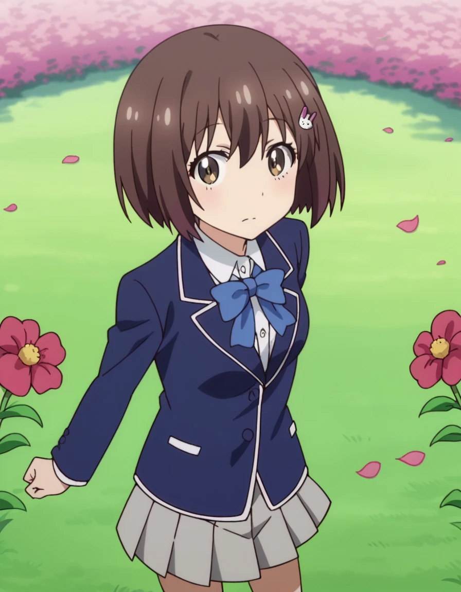 score_9, score_8_up, score_7_up, source_anime, <lora:mizuki-usami-s1-ponyxl-lora-nochekaiser:1>, mizuki usami, short hair, brown hair, hair ornament, hairclip, brown eyes, medium breasts, anime screencap,, skirt, bow, school uniform, jacket, pleated skirt, bowtie, blue bow, blazer, grey skirt,, flower field, colorful, petals, scent, bloom, , from above,, looking at viewer, solo,, cowboy shot, solo