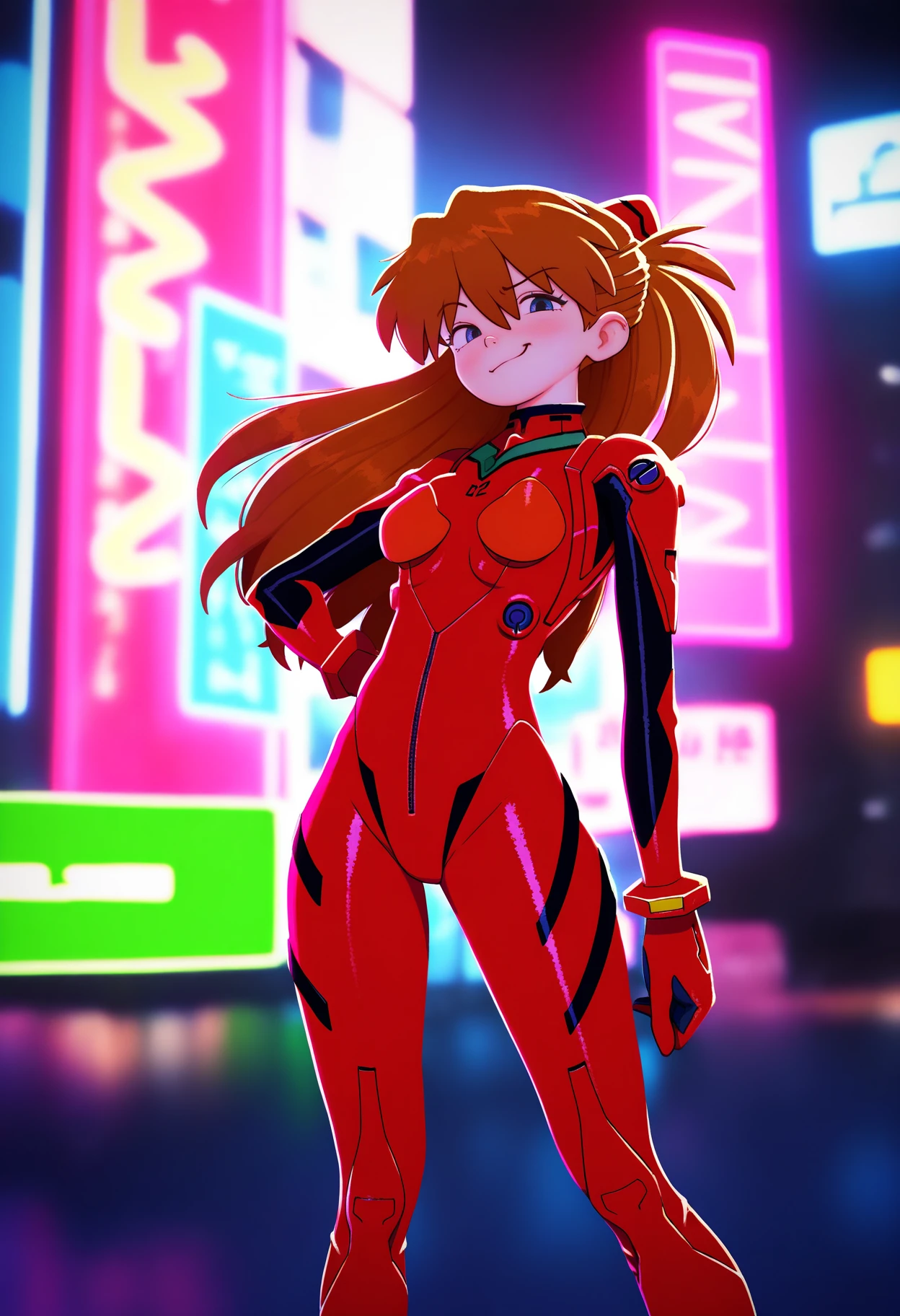 best quality, amazing quality, very aesthetic, absurdres, kunitarou-art,
BREAK
1girl, asuka langley, red plugsuit, standing, smug, looking at viewer, futuristic background, neon light , buildings, night, <lora:KunitaroNoobLocon_byKonan:1>