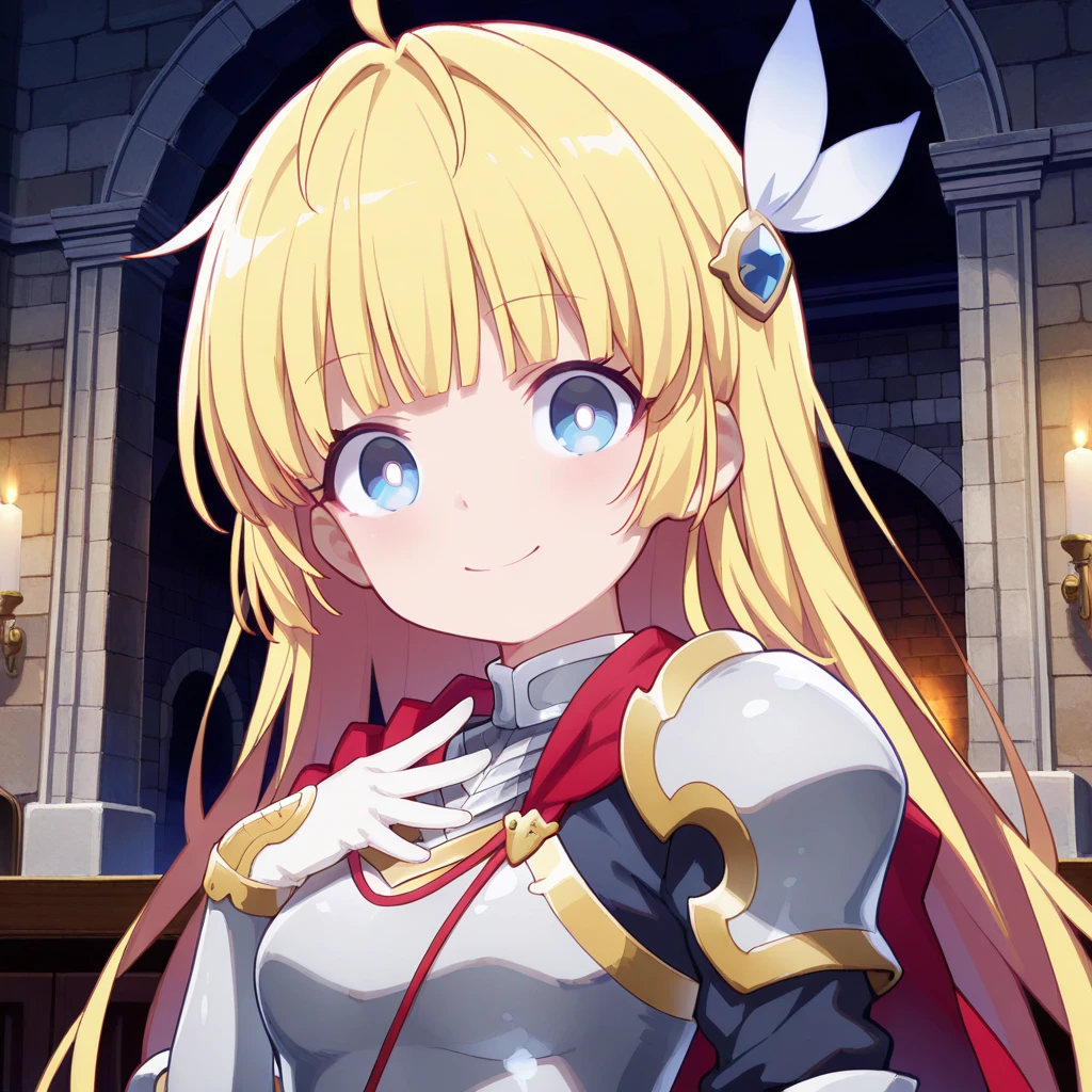 (masterpiece),best quality,amazing quality,very aesthetic,absurdres,newest,perfect body,shiny skin,perfect eyes,detail1eye,well-defined fingers,well-defined fingernails,anime style,indoors,1girl,solo,upper body,(portrait:1.5),looking at viewer,facing viewer,smile,blush,aged down,Quan style,Angelica,ahoge,very long hair,blonde hair,wing hair ornament,feather hair ornament,blunt bangs,blue eyes,bright pupils,shoulder armor,pauldrons,breastplate,red cape,armored dress,elbow gloves,white gloves,medium breasts,black pantyhose,zettai ryouiki,armored boots,thigh boots,white footwear,<lora:Quan[style]-Illus:1.6>,<lora:Angelica(hnik)-Illus:1.6>,