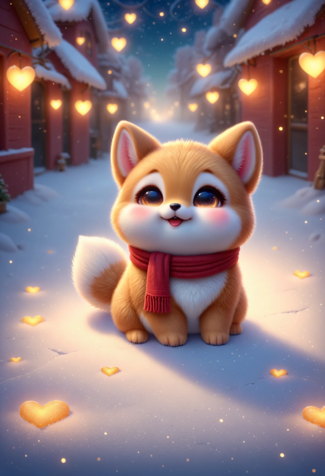 A chubby orange-brown shiba inu with pointy ears, curly tail, and white-tipped paws. It's wearing a dark red scarf with small embroidered white hearts, sitting on a snowy street decorated with heart-shaped lanterns glowing warm yellow light. (incredibly absurdres, ultra-detailed, CG, unity, 8k wallpaper), (masterpiece), pinkchibivalentine, <lora:PinkieChibiValentineSDXL:1>,