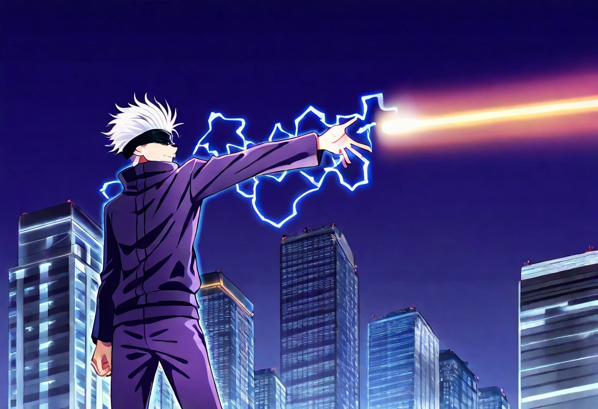gojou satoru, white hair, purple pants, high collar, blindfold, covered eyes, black blindfold, purple jacket, purple pants, 1boy, solo, alone, <lora:railgun_technique_illustriousXL-000015:1>, orange beam, energy beam, from side, looking to the side, electricity, electrokinesis, one-arm outstretched, city background, masterpiece, highres
