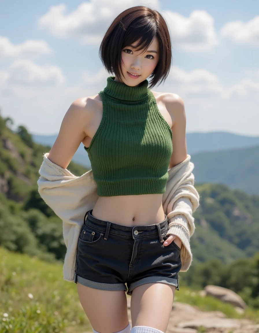 a beautiful female <lora:yuffie:1>, wearing a sleeveless green top with a turtleneck collar, dark tanned shorts, white knee high socks, hair in a short bob, Captured with a Sony A7R IV camera and a 50mm f/1.2 G Master lens, final fantasy, playful pose, a beautiful landscape background,