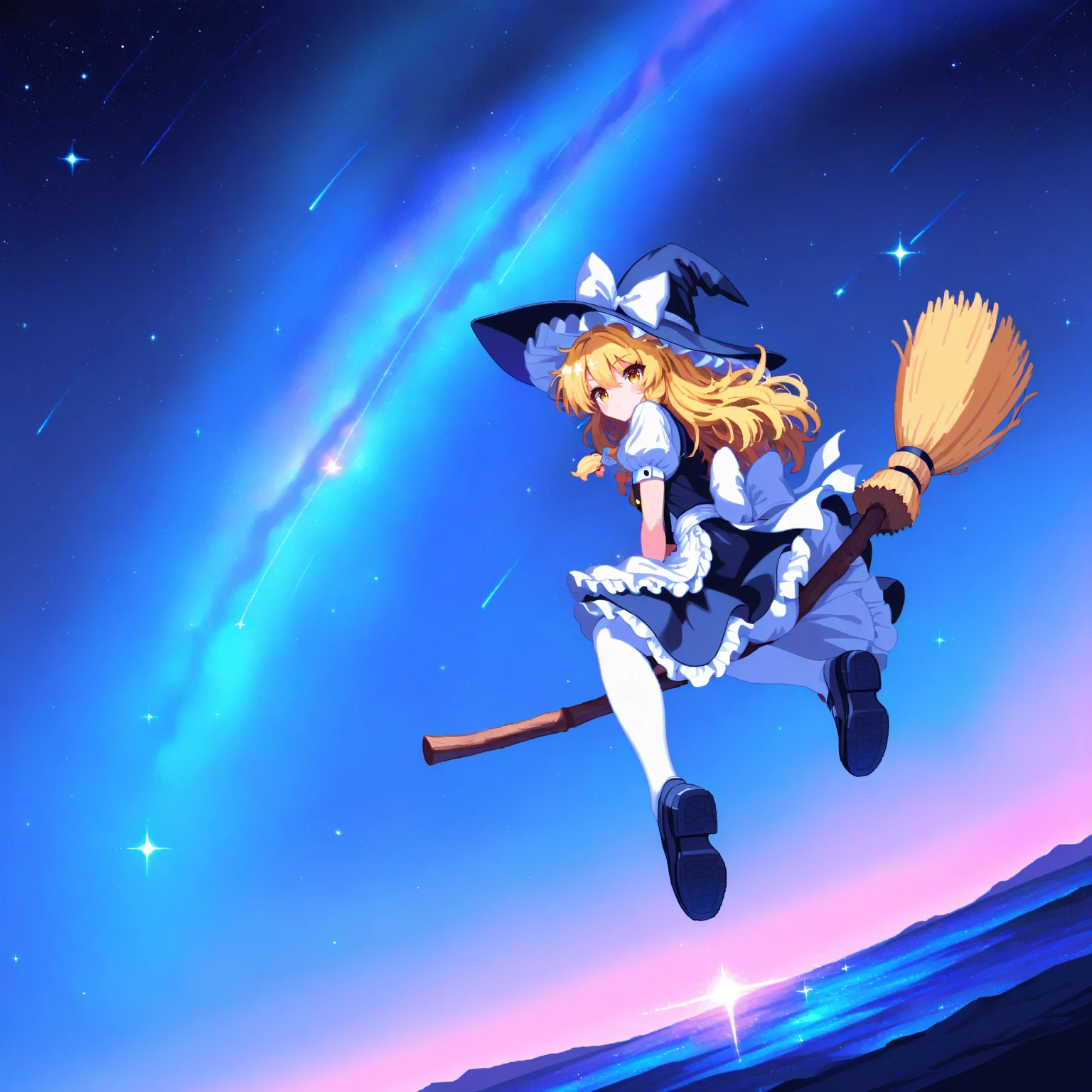 masterpiece, best quality, absurdres, creative angle, 1girl, solo, kirisame marisa, yellow eyes, white pantyhose, from behind, from below, shoe soles, sitting, broom riding, witch hat, full body, sparkle, shooting star, horizon, colorful star \(sky\), <lora:Creative-Angle_v2_NAIXL:1>