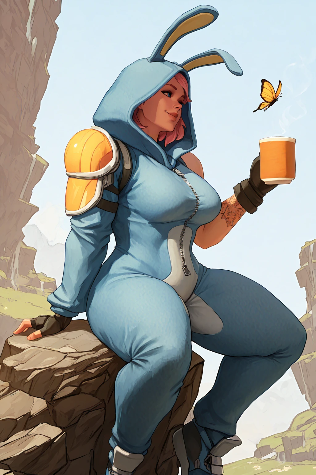 masterpiece, good quality, best quality, very awa, very as2, absurdres, highres,
<lora:Bunny Brawler PennyilluLoRA:1>bnnybrwlpnny, short hair, animal hood, onesie, shoulder straps, single shoulder armor, zipper, fingerless gloves, single long sleeve, tattoo, single bracer, sitting on a rock on a mountain, waterfall, butterflies, holding a cup of tea, smile