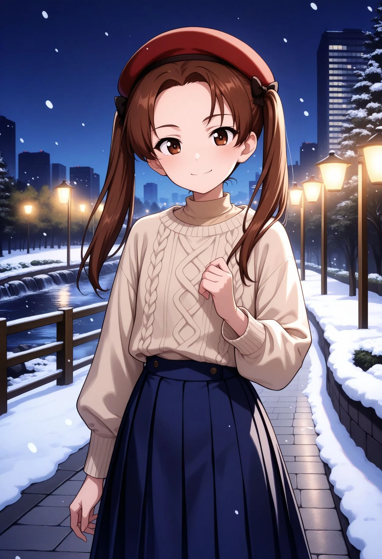 masterpiece,best quality,absurdres,highres,very aesthetic,high quality,detailed,insanely detailed,beautiful,perfect lighting,
<lora:Anzu gup illu:1> 1girl, anzudef, brown hair, brown eyes, twintails, long hair, parted bangs, hair bow,red beret, aran sweater, beige shirt, short over long sleeves, blue long skirt, pleated skirt, outdoors, snowing, night, park, stream, city lights, looking at viewer, smile,