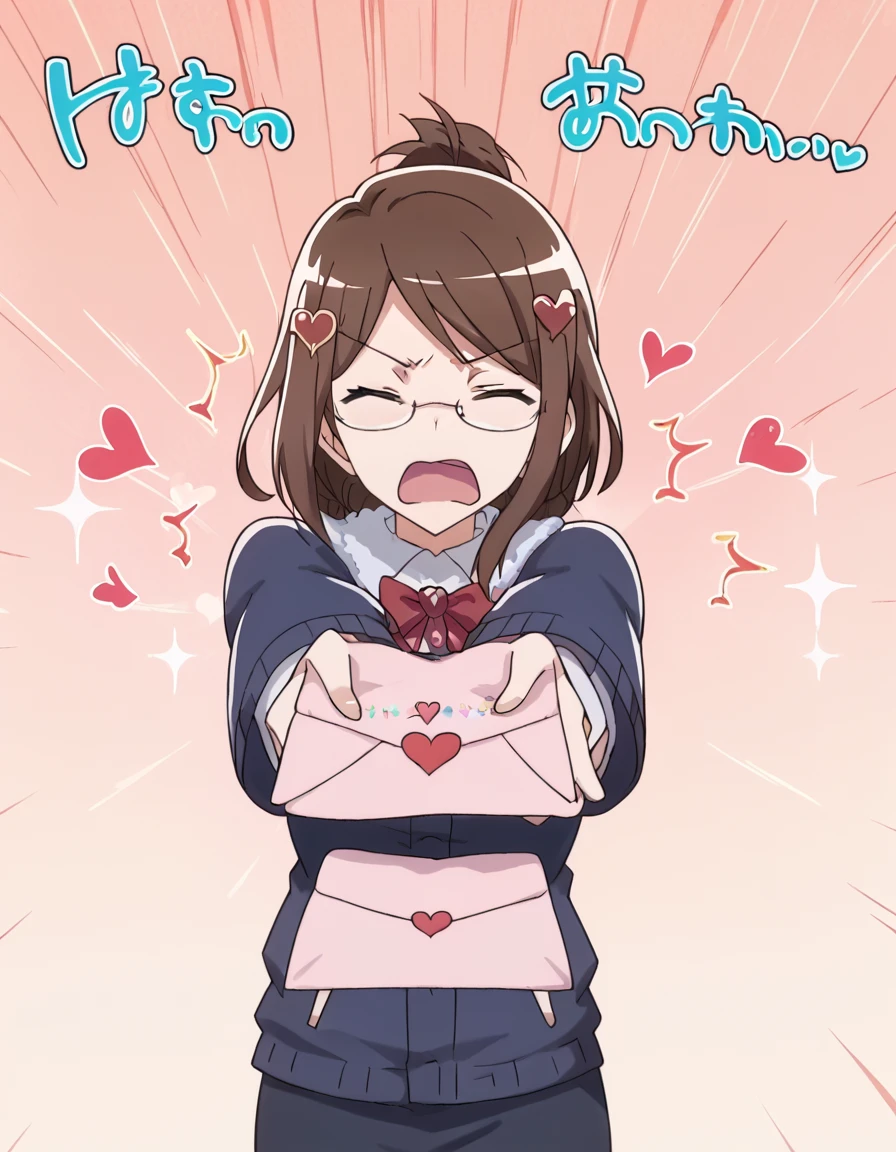 score_9, score_8_up, score_7_up, source_anime, <lora:akane-yonomori-s1-ponyxl-lora-nochekaiser:1>, akane yonomori, brown hair, hair ornament, brown eyes, glasses, folded ponytail, large breasts, anime screencap,, <lora:love-letter-ponyxl-lora-nochekaiser:1>, love letter, heart, valentine, letter, confession, incoming gift, outstretched arms, closed eyes, shouting,, , cowboy shot, solo
