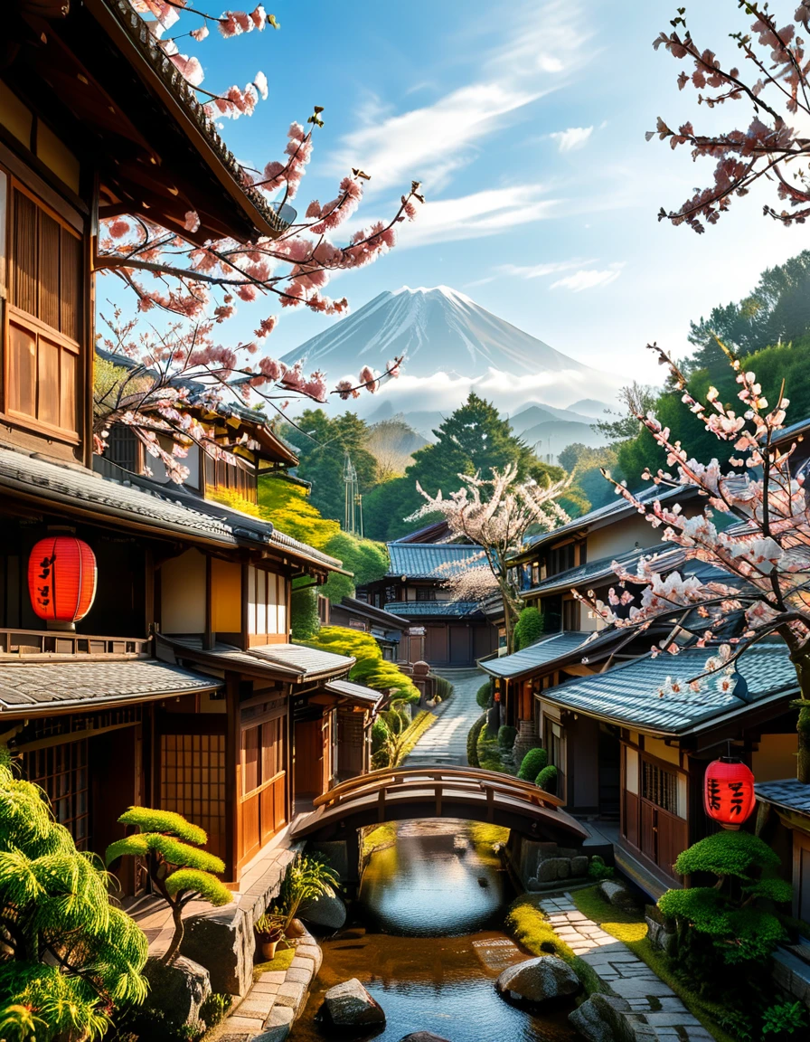 A picturesque traditional Japanese village nestled in a serene valley, surrounded by lush green mountains under a soft morning mist. The village consists of wooden houses with thatched roofs (gassho-zukuri style), showcasing intricate wooden details and sliding paper doors. A narrow stone-paved path winds through the village, leading to a small red torii gate at the entrance of a Shinto shrine. Cherry blossoms in full bloom line the streets, their pink petals gently falling in the breeze. A tranquil river flows through the village, crossed by an old wooden bridge with moss-covered stones. Villagers in traditional kimonos and straw hats go about their daily livesâan elderly man sweeping his porch, a woman carrying a basket of fresh produce, and children playing near a koi pond. The atmosphere is peaceful and nostalgic, with warm sunlight filtering through the trees, casting dappled shadows on the ground. The scene is rich in traditional Japanese aesthetics, evoking a sense of harmony and timeless beauty.
<lora:SDXLFaeTastic2400:0.4> <lora:extremely_detailed:0.4> extremely detailed,<lora:traditional_Japanese_v1ll4g3:1>,traditional Japanese v1ll4g3, Masterpiece,best quality,hi res,8k,hi res,8k,award winning,(sharp focus, intricate, highly detailed),