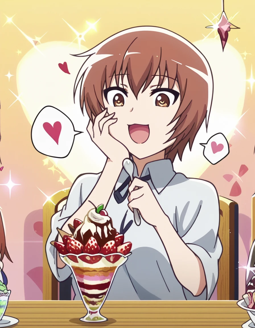 score_9, score_8_up, score_7_up, source_anime, <lora:nadeshiko-kashima-s1-ponyxl-lora-nochekaiser:1>, nadeshiko kashima, short hair, brown hair, brown eyes, medium breasts, anime screencap,, <lora:parfait-ponyxl-lora-nochekaiser:1>, parfait, open mouth, heart, food, sparkle, fruit, happy, hand on own face, spoken heart, ice cream, strawberry, spoon, hand on own cheek, cherry, holding spoon,, , cowboy shot, solo