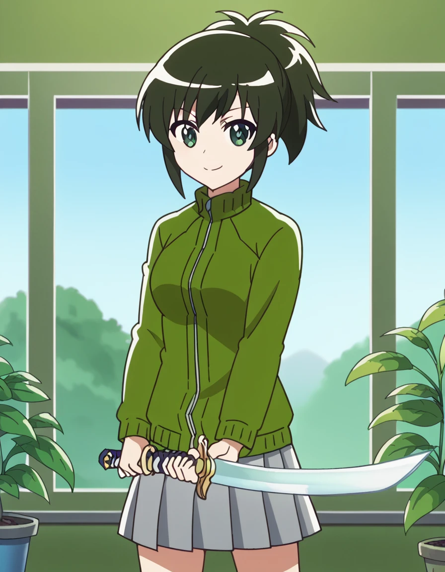 score_9, score_8_up, score_7_up, source_anime, <lora:niko-oono-s1-ponyxl-lora-nochekaiser:1>, niko oono, black hair, ponytail, green eyes, medium breasts, anime screencap,, skirt, jacket, pleated skirt, grey skirt, track jacket, green sweater, greenhouse, plants, glass, warm, growth, smile, <lora:sunrise-stance-ponyxl-lora-nochekaiser:1>, sunrise stance, weapon, sword, solo, holding weapon, holding, holding sword, katana,, looking at viewer, solo,, cowboy shot, solo