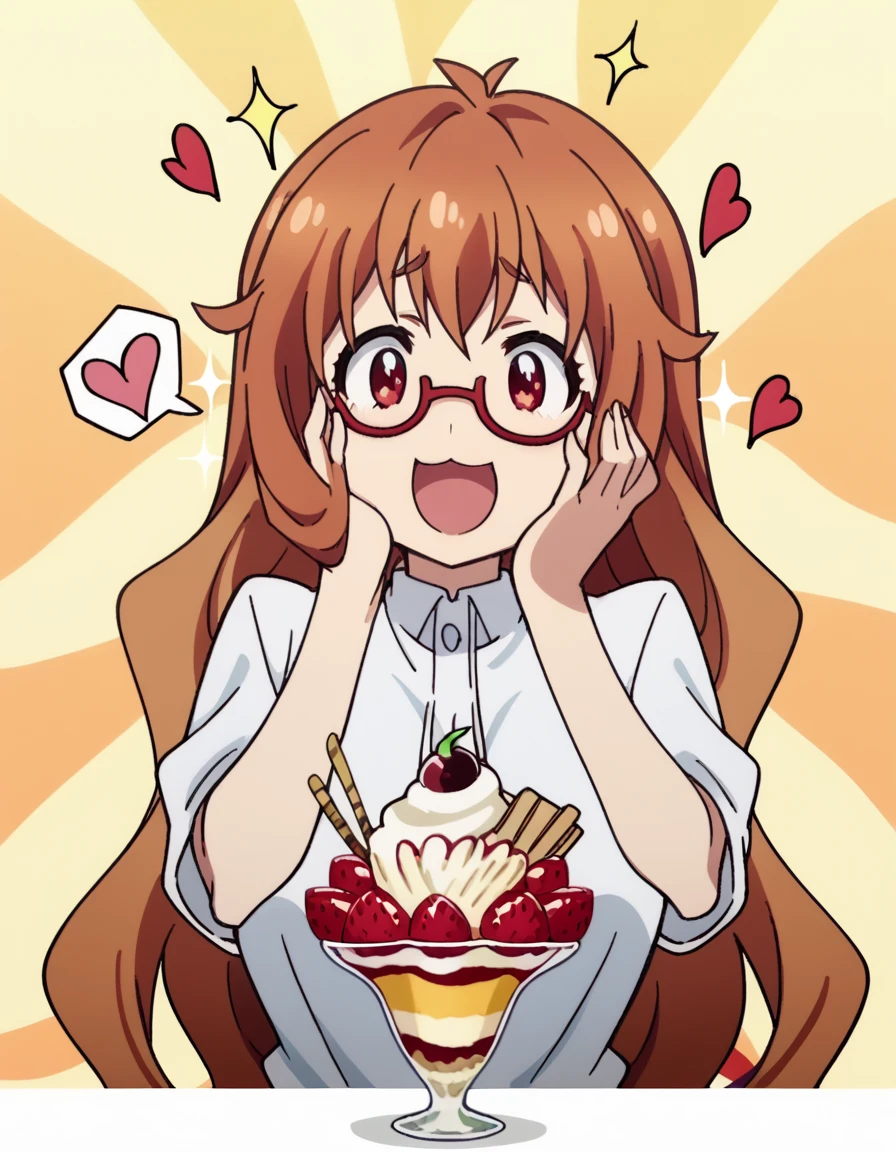 score_9, score_8_up, score_7_up, source_anime, <lora:yumeko-tachibana-s1-ponyxl-lora-nochekaiser:1>, yumeko tachibana, long hair, brown hair, red eyes, glasses, semi-rimless eyewear, red-framed eyewear, large breasts, anime screencap,, <lora:parfait-ponyxl-lora-nochekaiser:1>, parfait, open mouth, heart, food, sparkle, fruit, happy, hand on own face, spoken heart, ice cream, strawberry, spoon, hand on own cheek, cherry, holding spoon,, , cowboy shot, solo