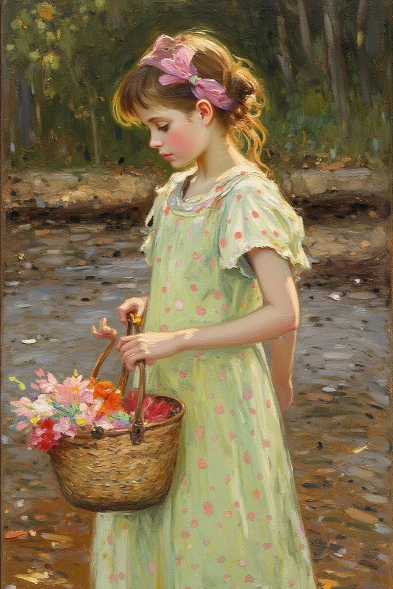 Impressionist_Style,This impressionist oil painting depicts a young girl standing by a stream, holding a basket filled with vibrant flowers. She is dressed in a light green dress adorned with pink polka dots, and a matching pink headband accents her hair. The artist uses a palette of warm, earthy tones to capture the natural setting, with dappled light filtering through the surrounding foliage.
The brushwork is loose and fluid, emphasizing the play of light and shadow across the girl's dress and the rippling water. The background is a blend of greens and browns, suggesting a lush, wooded area. The girl's pose is relaxed, and her gaze is directed towards the basket, adding a sense of tranquility to the scene.
The painting beautifully encapsulates the impressionist focus on capturing the fleeting effects of light and the sensory experience of the moment, conveying a sense of peaceful solitude in nature.
impressionistic style,Loose Brushwork,Impasto,Capturing Light and Atmosphere,Optical Mixing,impressionistic painting,Oil Painting,The brushstrokes are bold and textured,creating a dynamic lively scene,by Claude Monet,by Renoir,by Edgar Degas,by Camille Pissarro,