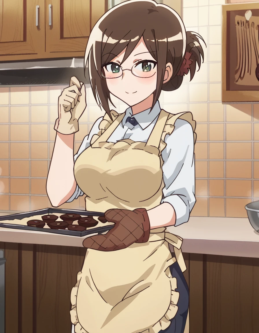 score_9, score_8_up, score_7_up, source_anime, <lora:akane-yonomori-s1-ponyxl-lora-nochekaiser:1>, akane yonomori, brown hair, hair ornament, brown eyes, glasses, folded ponytail, large breasts, anime screencap,, <lora:baking-cookies-ponyxl-lora-nochekaiser:1>, baking cookies, looking at viewer, blush, smile, gloves, holding, frills, food, indoors, apron, chocolate, cookie, oven mitts,, , cowboy shot, solo