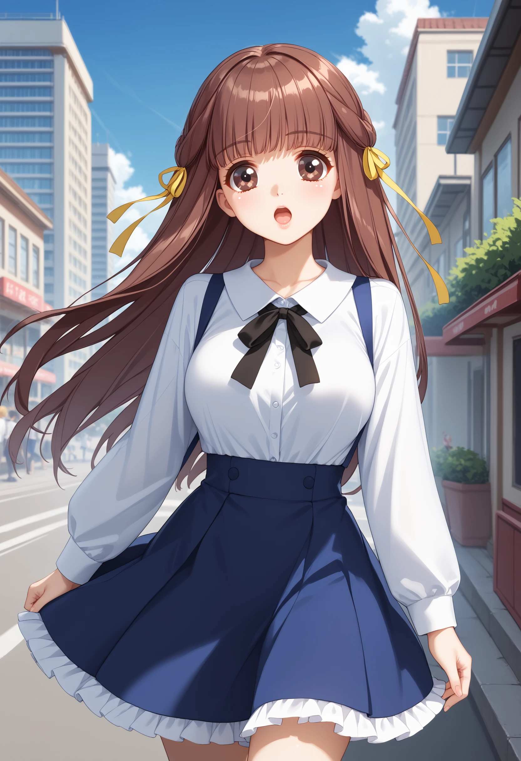 score_9, score_8_up, score_7_up, BREAK <lora:Maika:1>, maika, yellow hair ribbon, 1girl,brown hair,long hair, brown eyes,straight hair,sidelocks,black neck ribbon,white shirt, blue skirt, long sleeves,wing collar, blue suspenders,frilled skirt,open mouth,running at you,day,sinlight,blue sky,city,