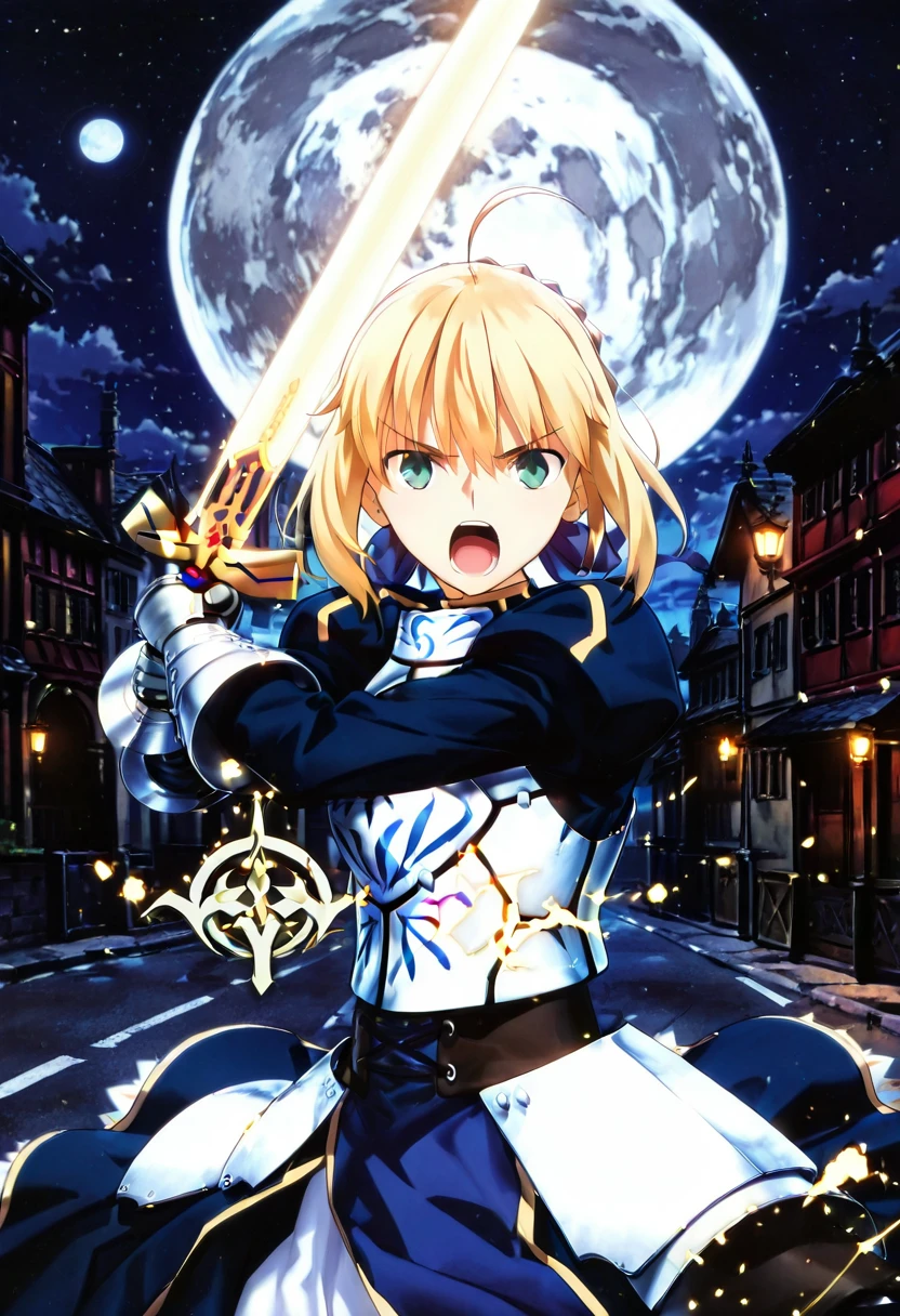 masterpiece, best quality, absurdres, detailed skin, detailed face, detailed eyes, anime colored, anime screencap, anime colored,
<lora:Artoria_Pendragon:0.8>, artoria pendragon, 1 girl, green eyes, hair ribbon, armored dress, looking at viewer, shouting, cowboy shot,
<lora:holding_weapon_two-handed:0.8>, holding weapon two-handed, sword,
moon, street,