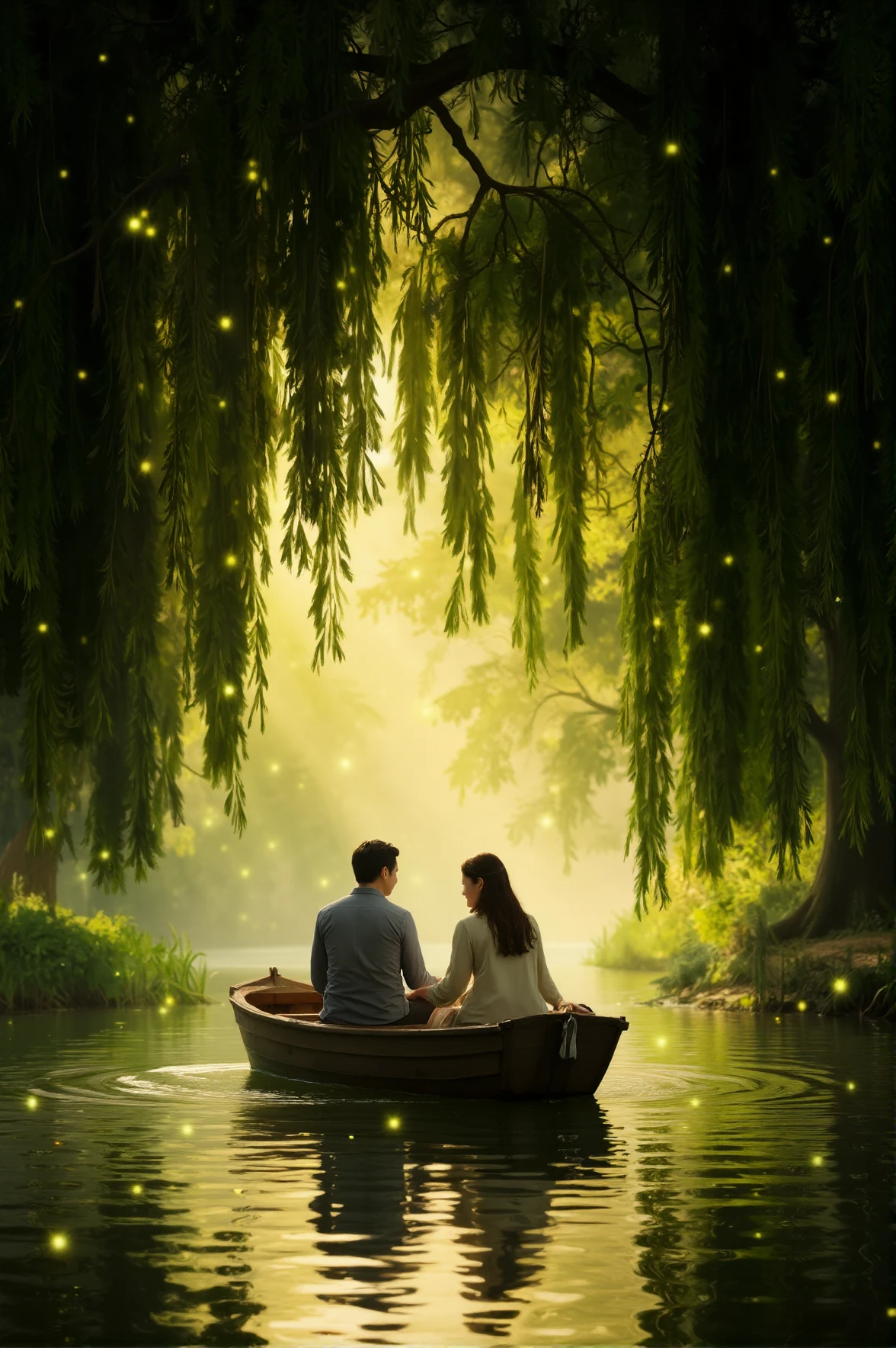Floating in a wooden boat down a misty river, lovers drift beneath an archway of willow trees, their branches forming a canopy of green. Soft golden light filters through the leaves as fireflies illuminate their peaceful moment, their fingers trailing through the waterâs glassy surface.
<lora:ethereal-romantic-glow-flux:1>