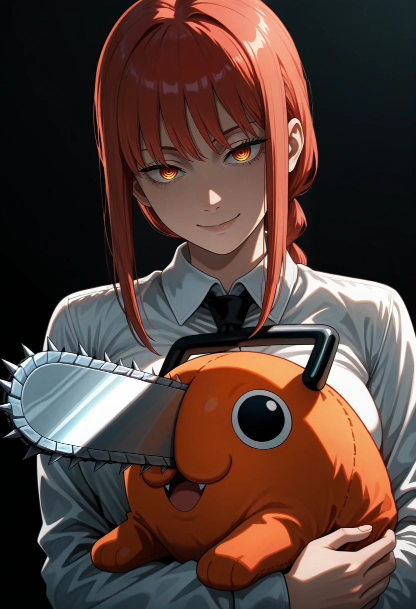 (attentive:1.2),masterpiece,best quality,amazing quality,very aesthetic,absurdres,highres,newest,<lora:dark:0.6>, fujimoto_tatsuki, fujimoto_tatsuki_(style), makima (chainsaw man), holding pochita_(chainsaw_man), doll stuffed_toy, simple background, dark background, upper-body, smiling