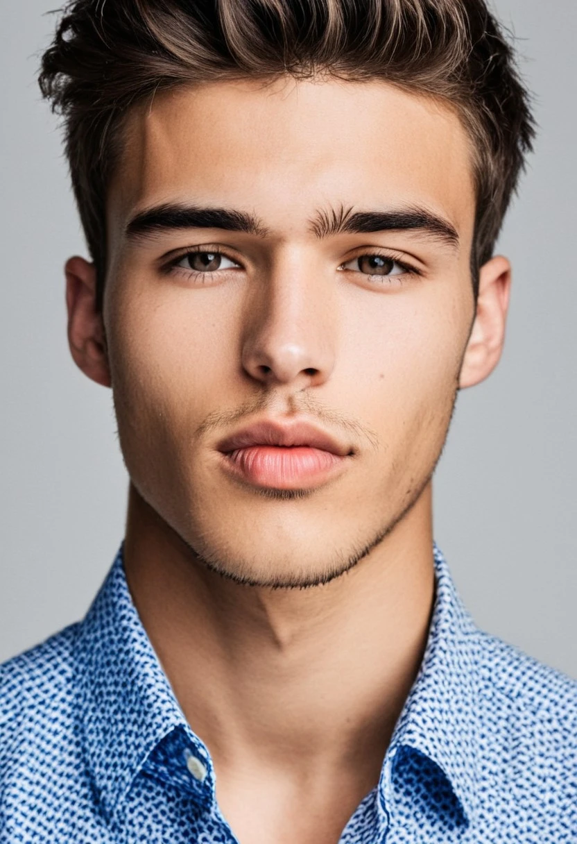 the image features a 25 year-old male model with light skin, full lips, a photo realistic shoot from a closeup camera angle, portrait of a young male model with a serious expression, hyperdetailed photography, studio, elegant shirt, looking at viewer