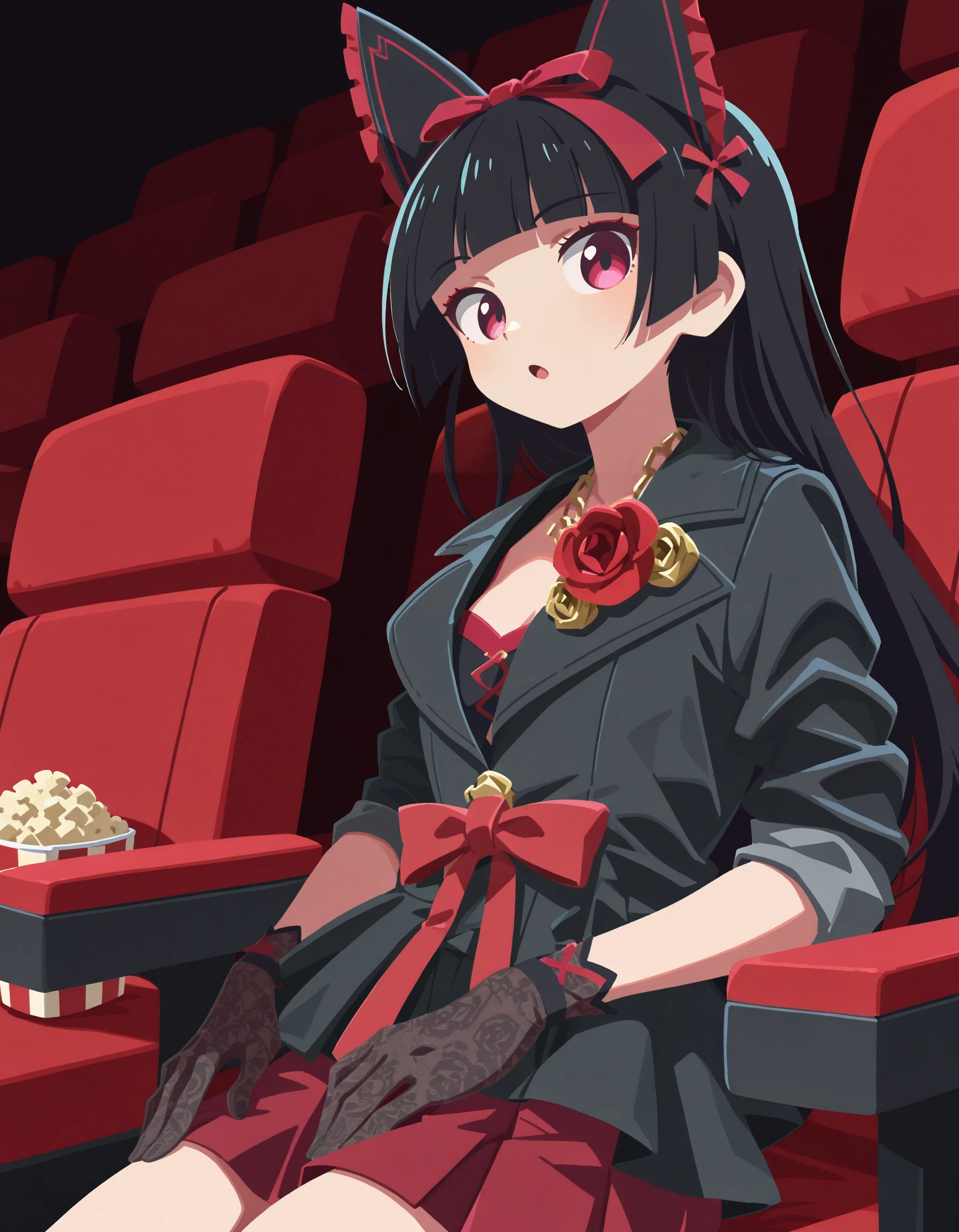 1girl, solo, rory mercury, <lora:Outfit_soph-ChicLapelSuitDress-ILXL:1> jacket, skirt, rose boutonniere, chain necklace, hands on hips, peplum, short sleeves, cowboy shot, from side, sash, bow, sleeves rolled up, short gloves, lace gloves, looking at viewer, movie theater, theatre seats, (holding popcorn), hands in lap, romantic, holding, , :o <lora:Style_shiiro0-TakaraiShunsukue-ILXL:1> t4kar4i_illu, no_outlines,no lineart, masterpiece, best quality, very aesthetic, newest