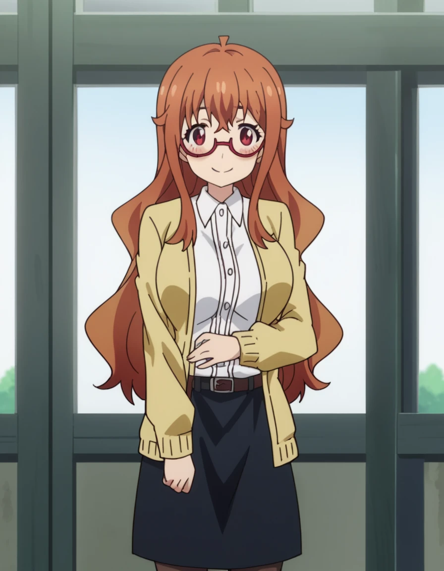 score_9, score_8_up, score_7_up, source_anime, <lora:yumeko-tachibana-s1-ponyxl-lora-nochekaiser:1>, yumeko tachibana, long hair, brown hair, red eyes, glasses, semi-rimless eyewear, red-framed eyewear, large breasts, anime screencap,, skirt, shirt, pantyhose, belt, cardigan, black skirt, white shirt,, trench, dirt, warfare, shelter, depth, smile, hand on stomach, blush,, looking at viewer, solo,, cowboy shot, solo