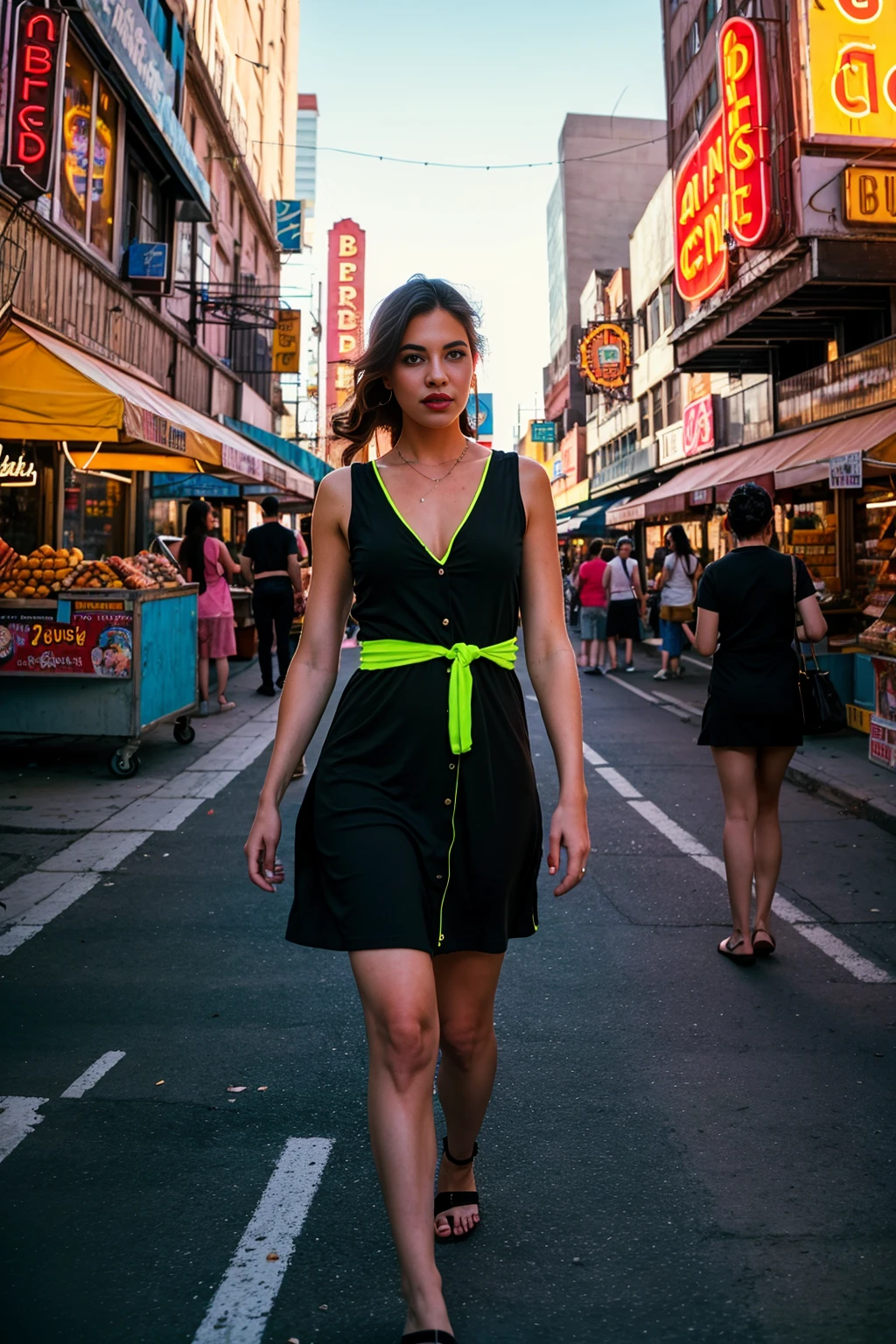 Female supermodel. Takeshit Dori, Tokyo. Pastel green evening dress. Sunset