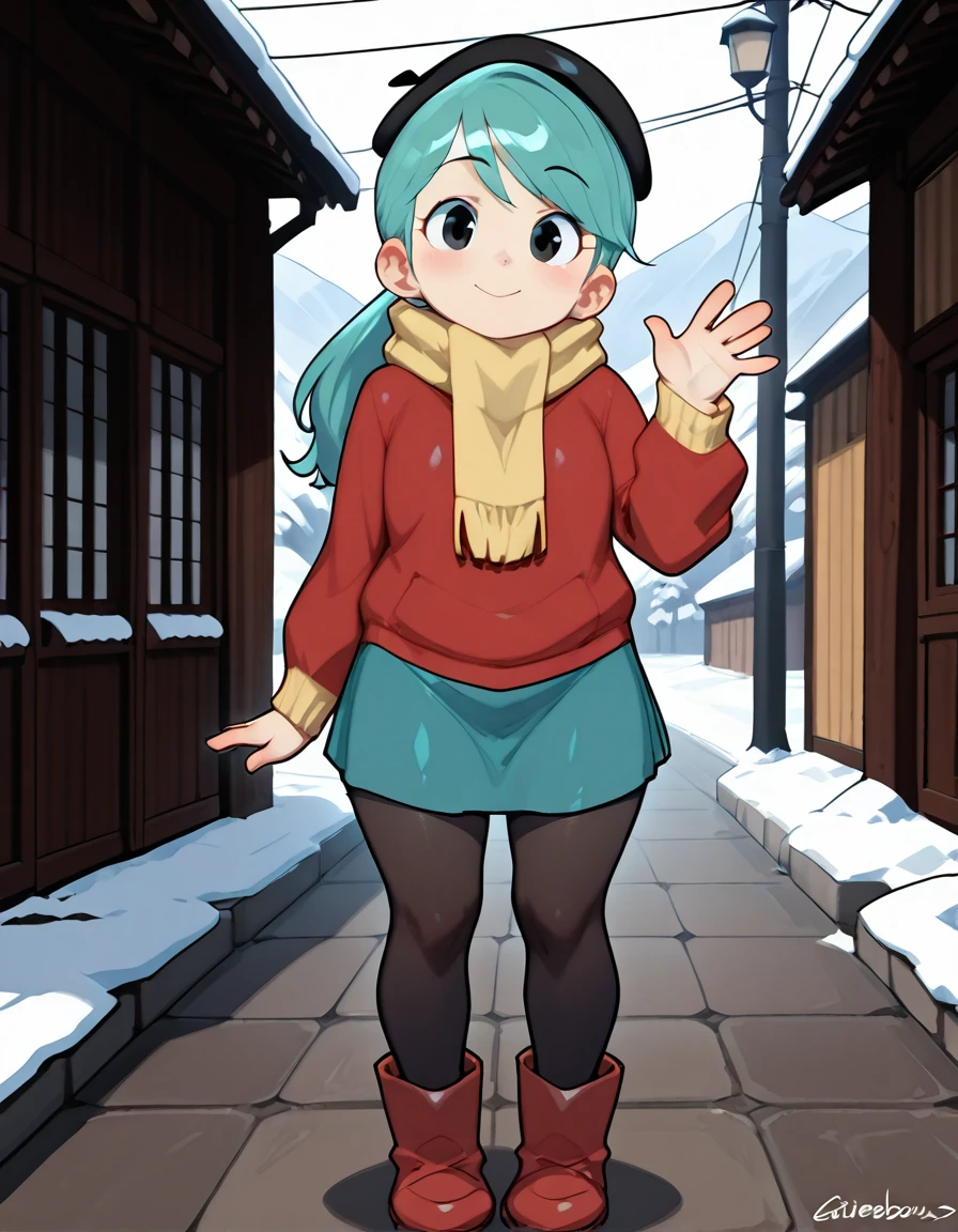 cinematic film still cinematic still boots, black pantyhose, pantyhose, red footwear, looking at viewer, waving, beret, black eyes, smile,aqua hair, skirt,Hilda is outside in the snow,outside ,outdoor <lora:Hilda_Netfelx_Show_1.0:1> . emotional, harmonious, vignette, highly detailed, high budget, bokeh, cinemascope, moody, epic, gorgeous, film grain, grainy . shallow depth of field, vignette, highly detailed, high budget, bokeh, cinemascope, moody, epic, gorgeous, film grain, grainy