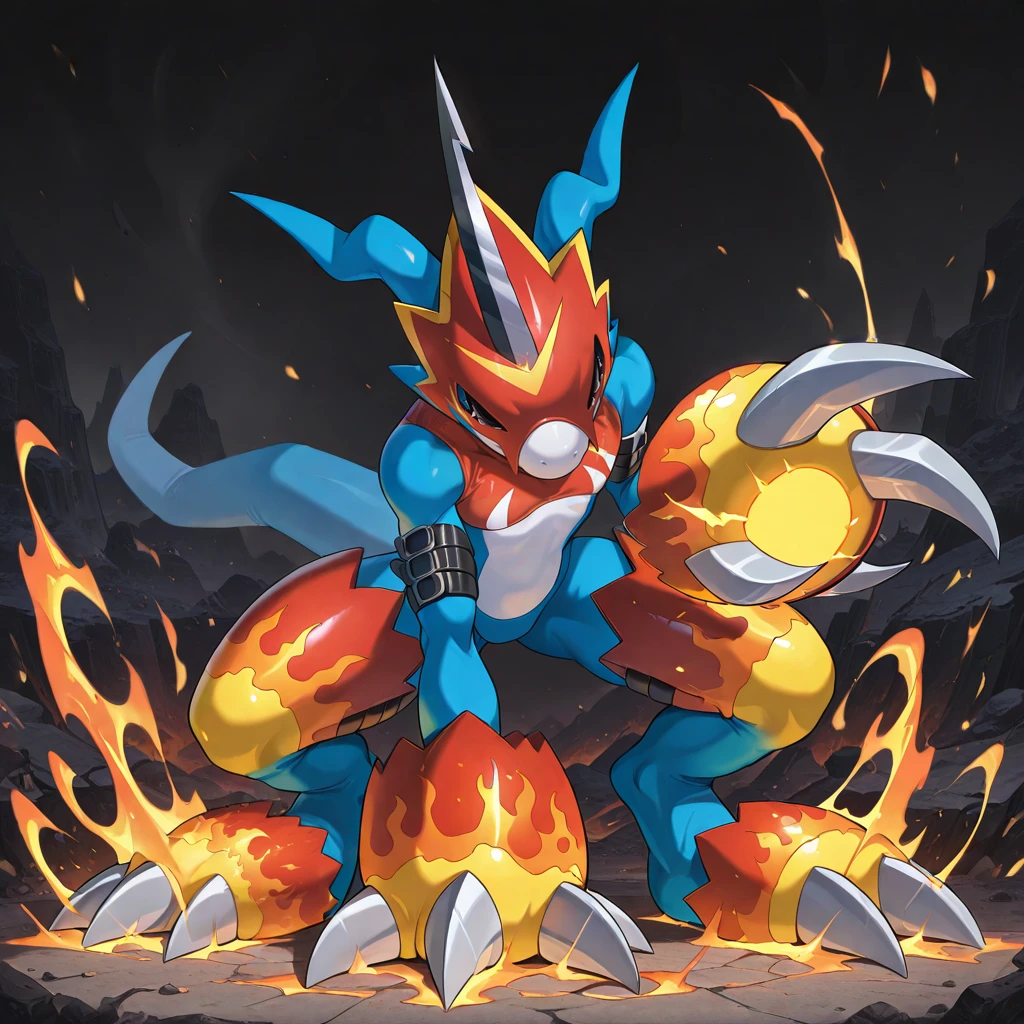 absurdres,highres,masterpiece,best quality,amazing quality,IllusP0s,<lora:Dramatic Lighting Slider:2.5>,<lora:StS-Illustrious-Detail-Slider-v1.0:3>,<lora:Flamedramon:1>,fl4dr4m0n,(digimon),claws,horns,tail,blue skin,(standing:1.4),facing viewer,1boy,solo,fists covered in fire,superhero landing,