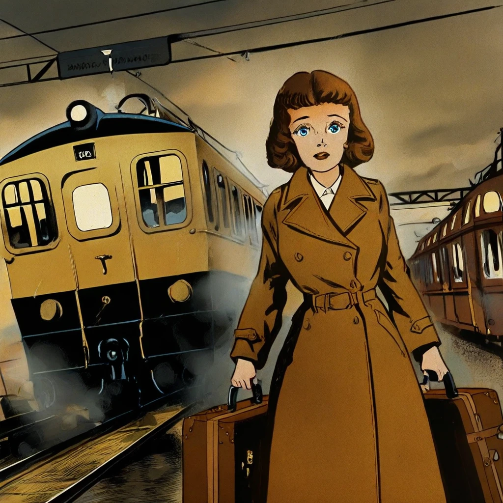 1girl, solo, 1940s woman, wavy brown hair, vintage bob hairstyle, blue eyes, trench coat, holding a suitcase, tearful expression, romantic, BREAK, medium shot, standing at a train station, steam train in background, dynamic angle, looking at viewer, emotional farewell, BREAK, outdoors, 1940s train station, vintage signage, steam train, blurred passengers, moody lighting, overcast sky, BREAK, (safe_pos, fine texture, masterpiece, ultra-detailed, very aesthetic, absurdres, volumetric lighting, scenery), rating_safe, source_cartoon, source_comics, official style, original art style, vintage comic, sepia tones, ink crosshatching,