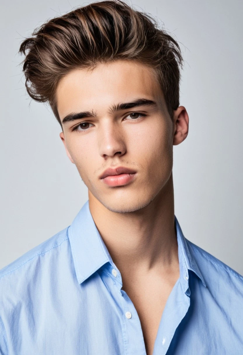 the image features a 20 year-old male model with light skin, full lips, a photo realistic shoot from a closeup camera angle, portrait of a young male model with a serious expression, hyperdetailed photography, studio, elegant shirt, looking at viewer