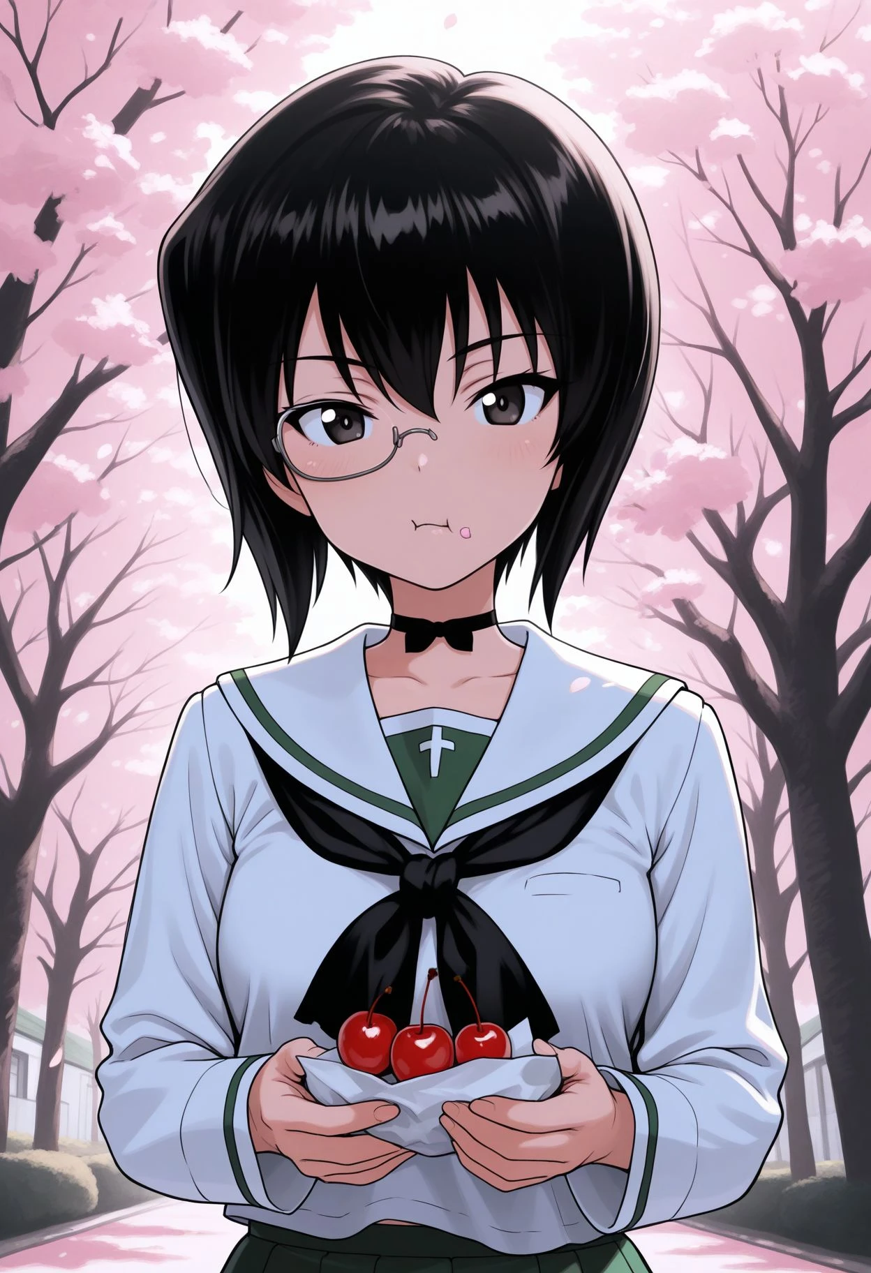 masterpiece,amazing quality,best quality,ultra-detailed,8K,illustration, amazing quality, newest, absurdres, realistic, (monochrome:0.8), hatching \(texture\), vivid color ,perfect body, perfect face, rim lighting,
<lora:Kawashima Illu:1>,GUPmomo, GUPmomo, 1girl, ooarai school uniform, black hair, monocle, short hair, eating, black neckerchief, serafuku, ribbon choker, black eyes, white shirt, black choker, long sleeves, outdoors, blouse, cherry blossoms, tree, looking at viewer, day, upper body, holding food, closed mouth, :t, under-rim eyewear, bow choker